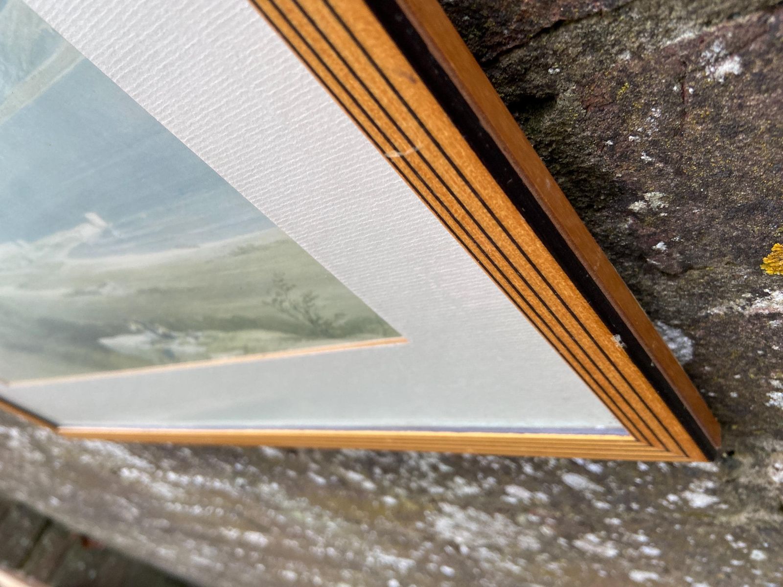 Pair Of Mid Century Vintage Wooden Frames With Geometric Detail   Light Golden Wood With Black Lines, Glazed Frames; David Roberts Prints X2 photo 79.0