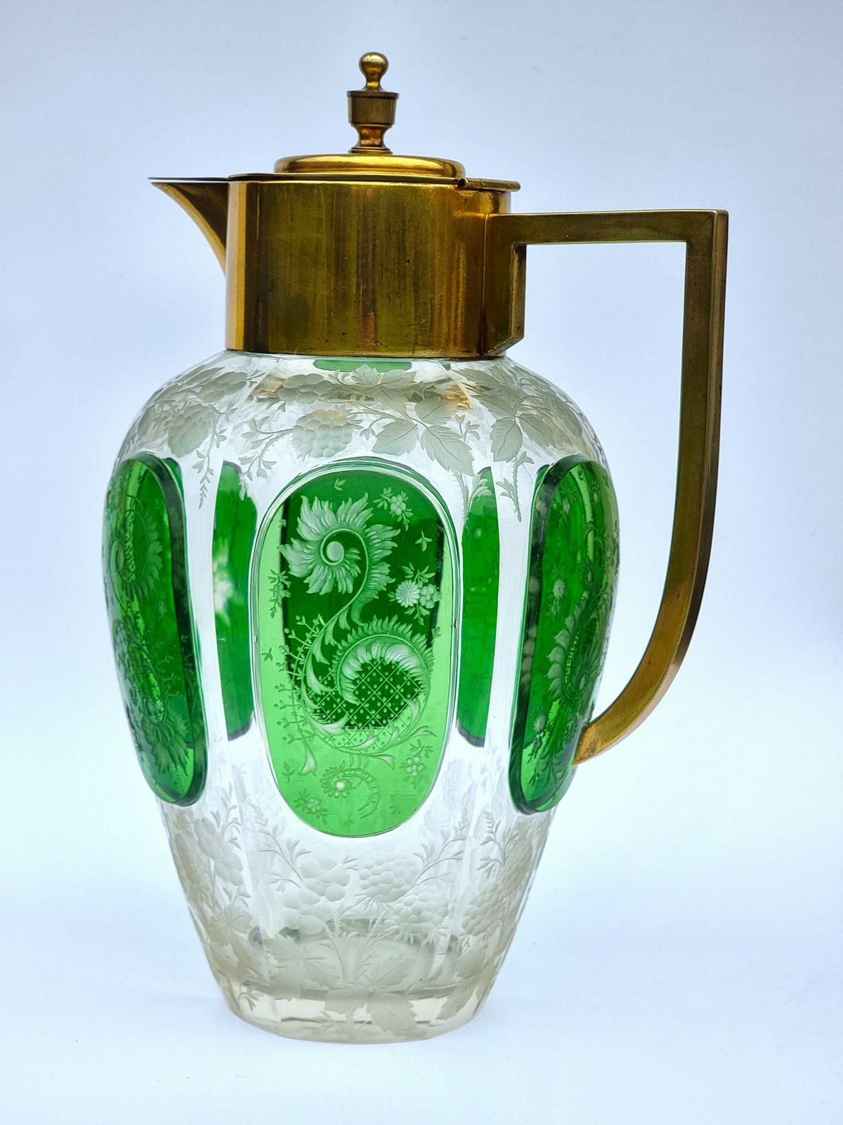 19th Century Bohemian Glass Claret Jug With Finely Cut Green Glass Panels Circa 1890