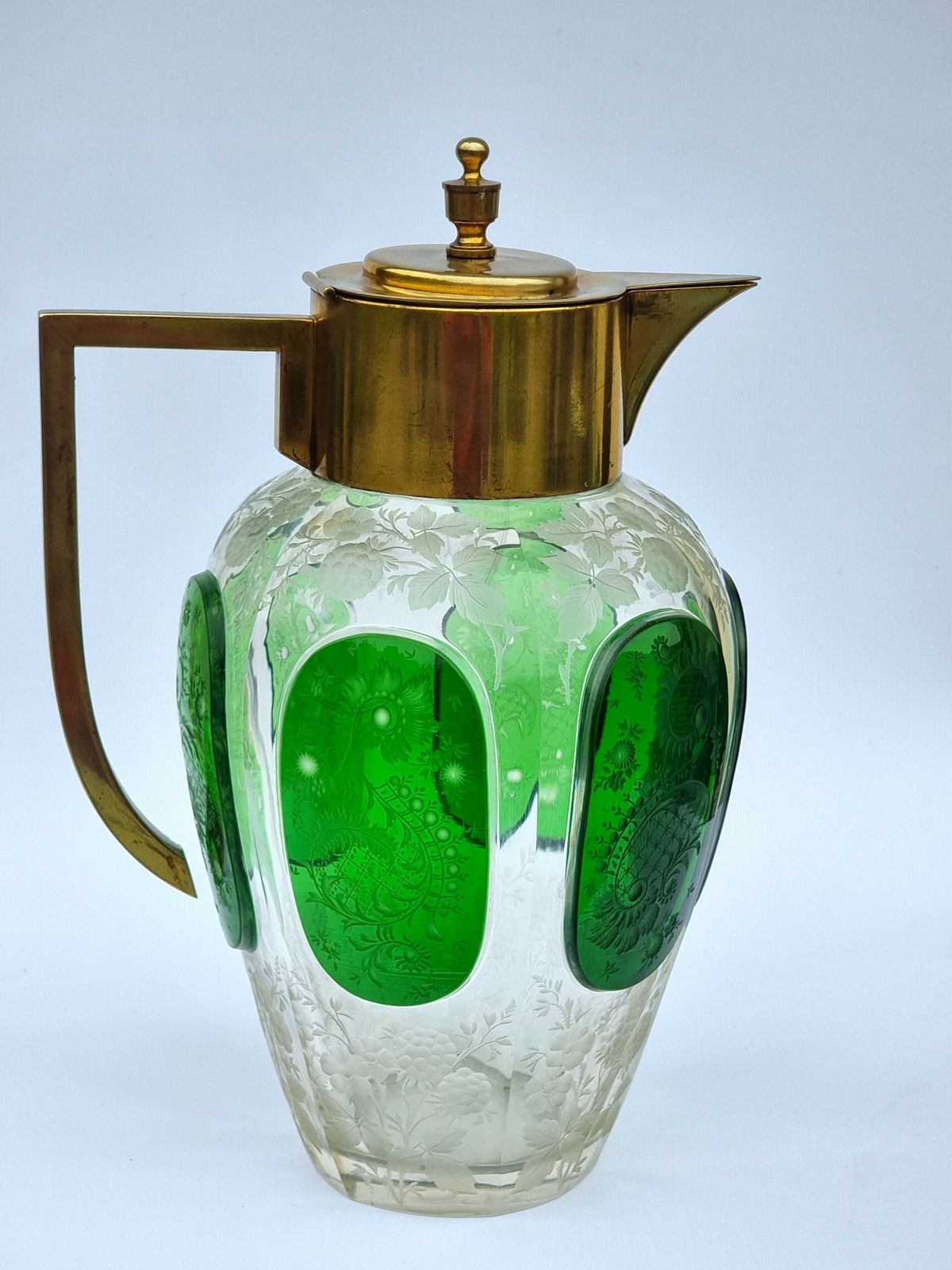 19th Century Bohemian Glass Claret Jug With Finely Cut Green Glass Panels Circa 1890 photo for sale