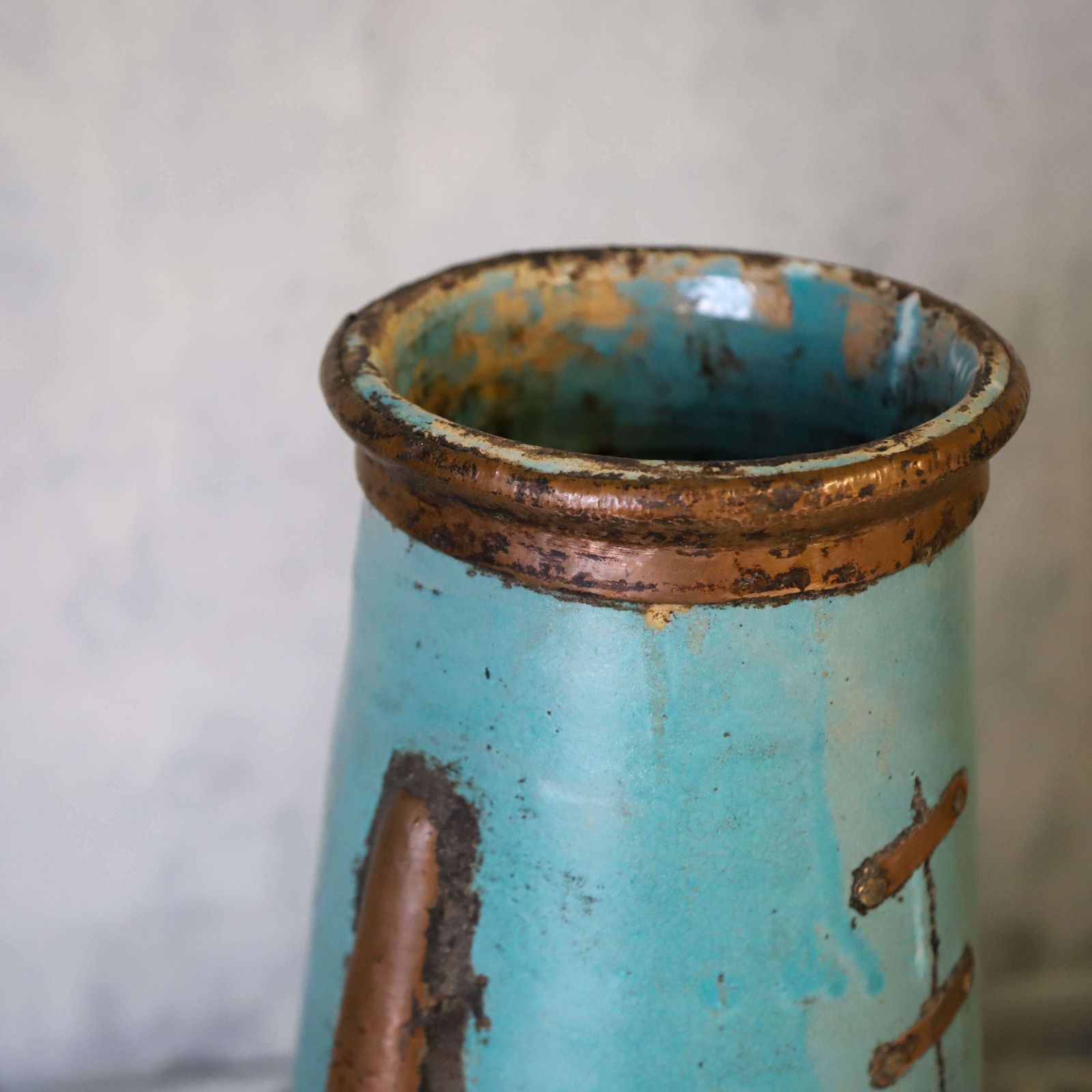 2 X French Artisan Vases With Turquoise Ceramique And Copperised Glaze photo Home Decor