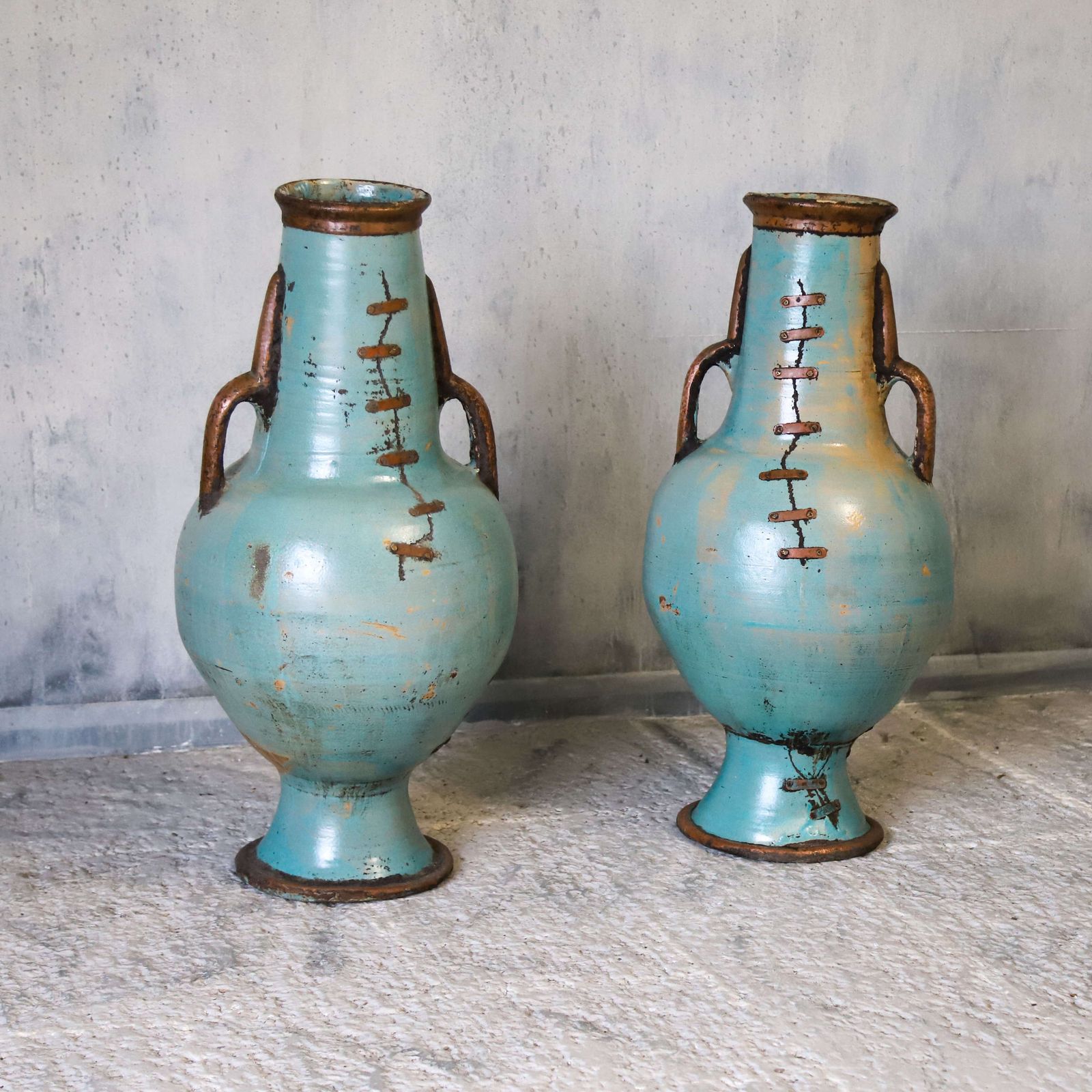 photo for sale 2 X French Artisan Vases With Turquoise Ceramique And Copperised Glaze