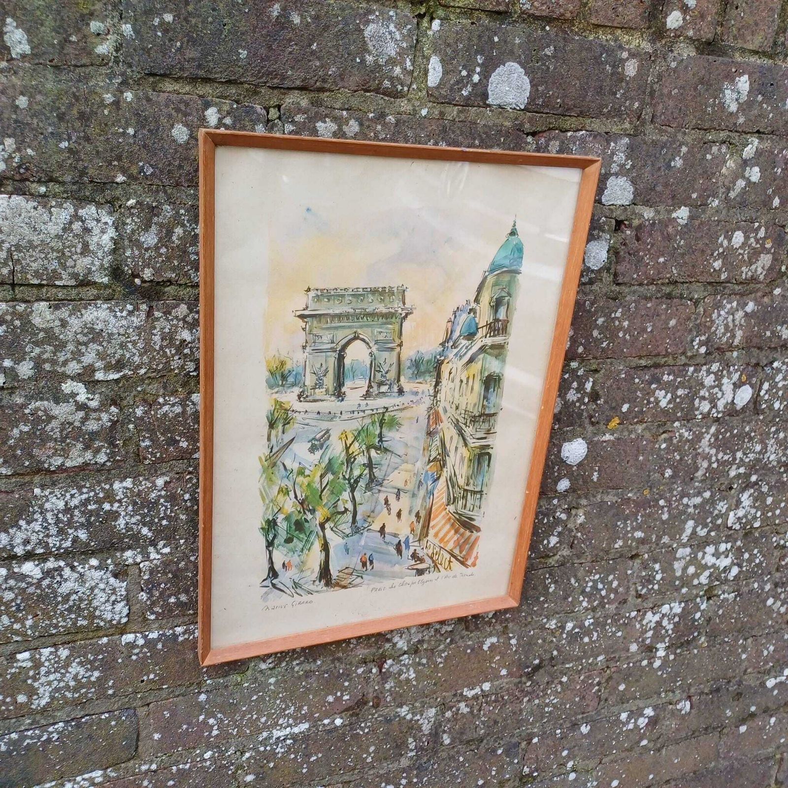 Retro Print Of Marius Girard Paris Water Colour   Mid Century Retro Painting, Vintage Frame Les Champs Elysees Arc De Triomphe (46cm X 33cm) photo Art