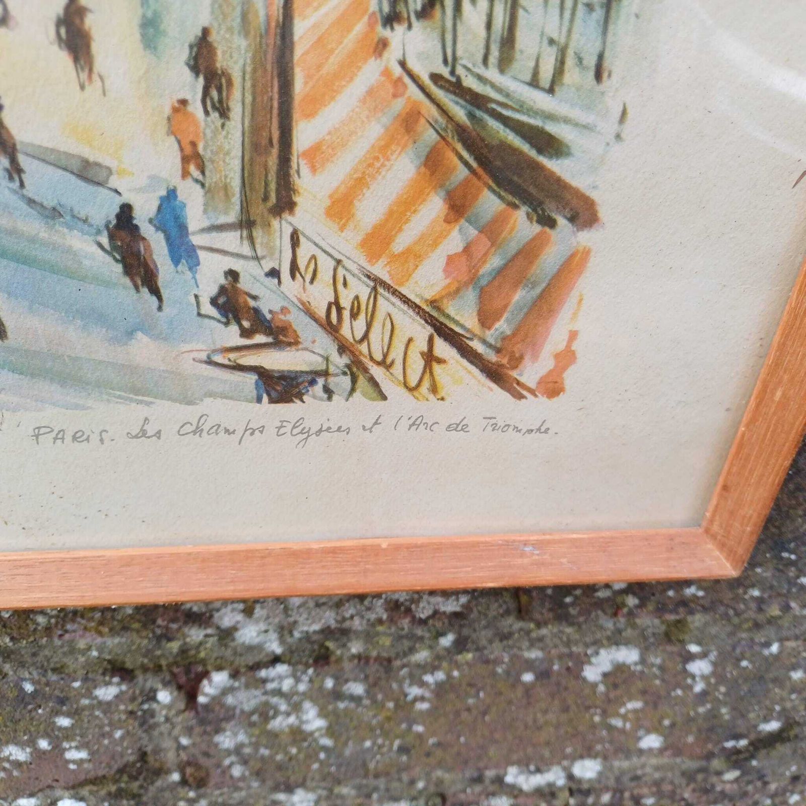 Retro Print Of Marius Girard Paris Water Colour   Mid Century Retro Painting, Vintage Frame Les Champs Elysees Arc De Triomphe (46cm X 33cm) photo vintage