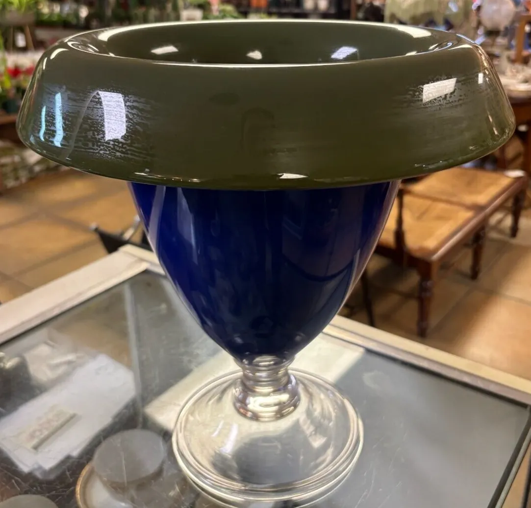 Unusual Large Hand Blown Blue & Green Glass Vase With Clear Base