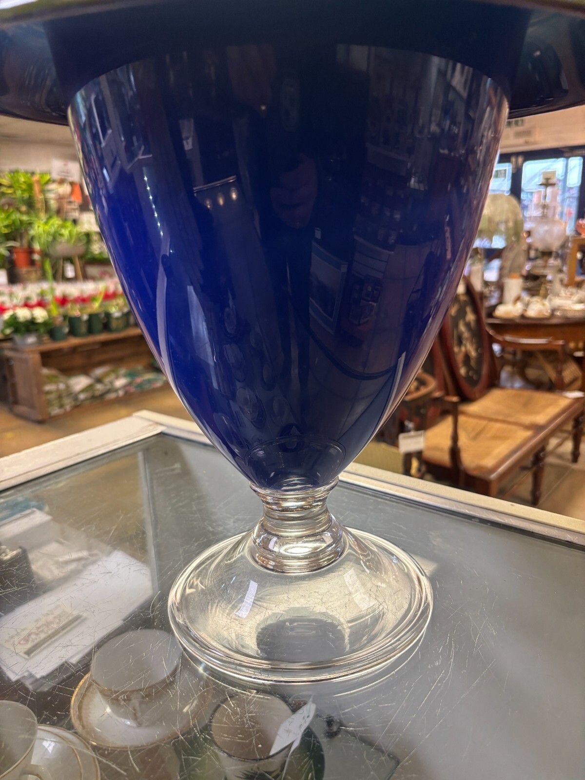 Unusual Large Hand Blown Blue & Green Glass Vase With Clear Base photo for sale