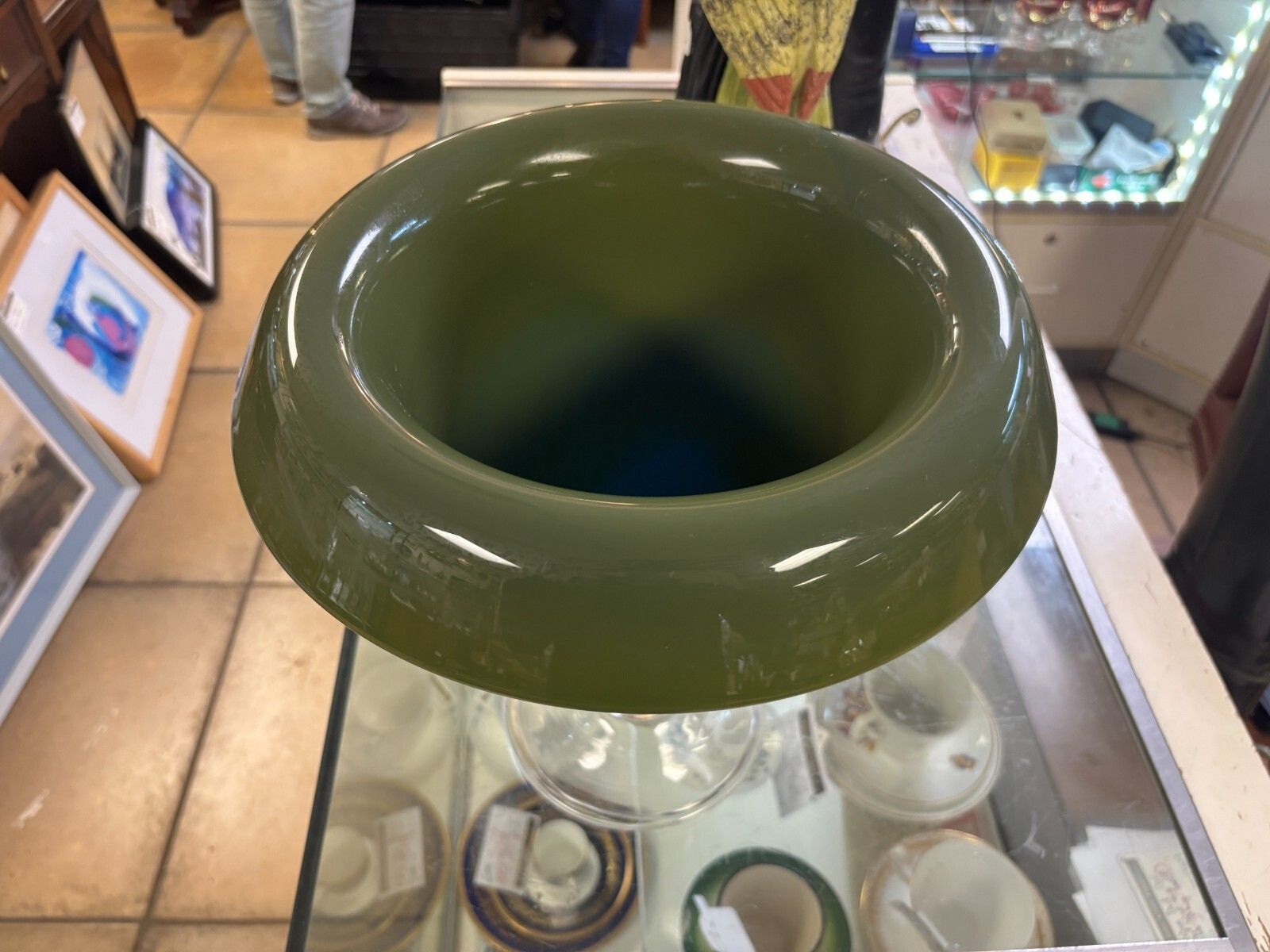 Unusual Large Hand Blown Blue & Green Glass Vase With Clear Base photo vinterior
