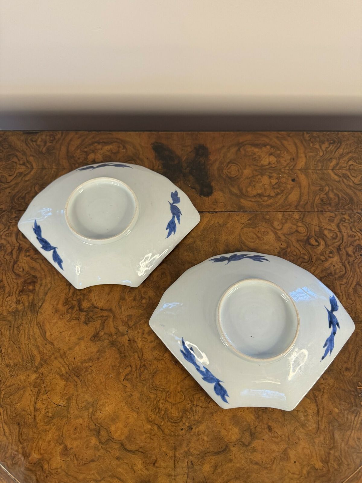 Unusual Pair Of Antique Blue And White Fan Shaped Japanese Imari Dishes photo vinterior