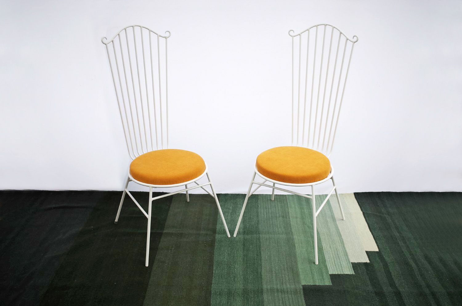 2 X Vintage Metal Garden Chair With Yellow Cushion 1950s
