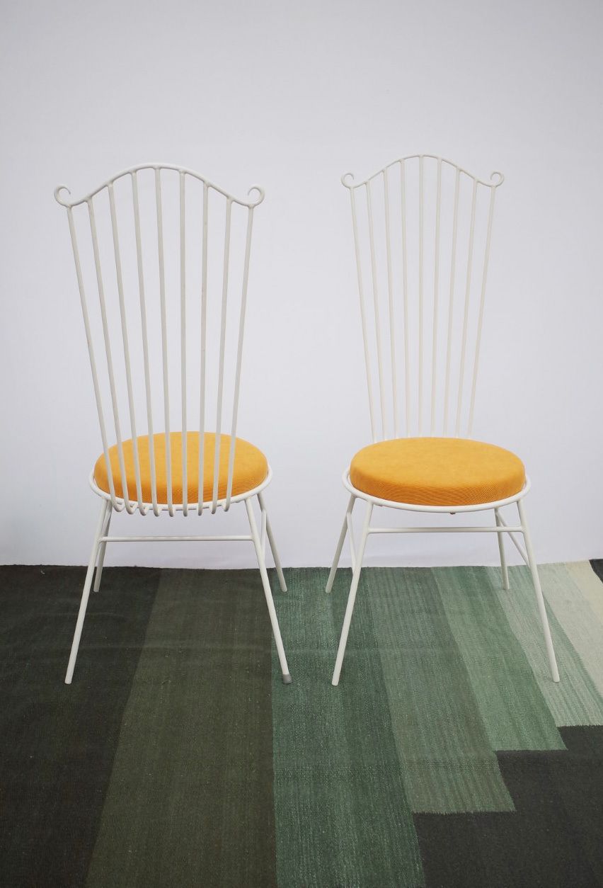 2 X Vintage Metal Garden Chair With Yellow Cushion 1950s photo vinterior