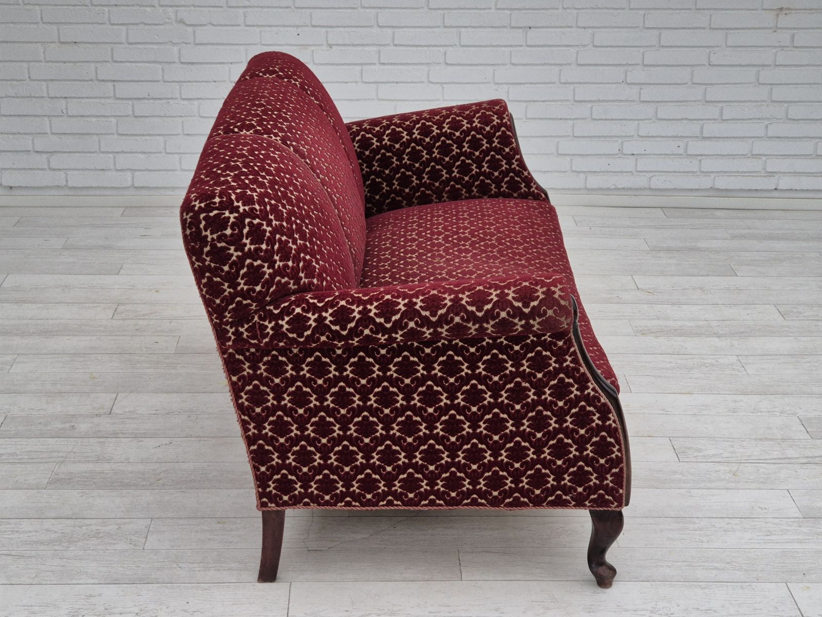 1950s, Danish 3 Seater Sofa, Original Condition, Furniture Velour, Beech Wood. photo vinterior