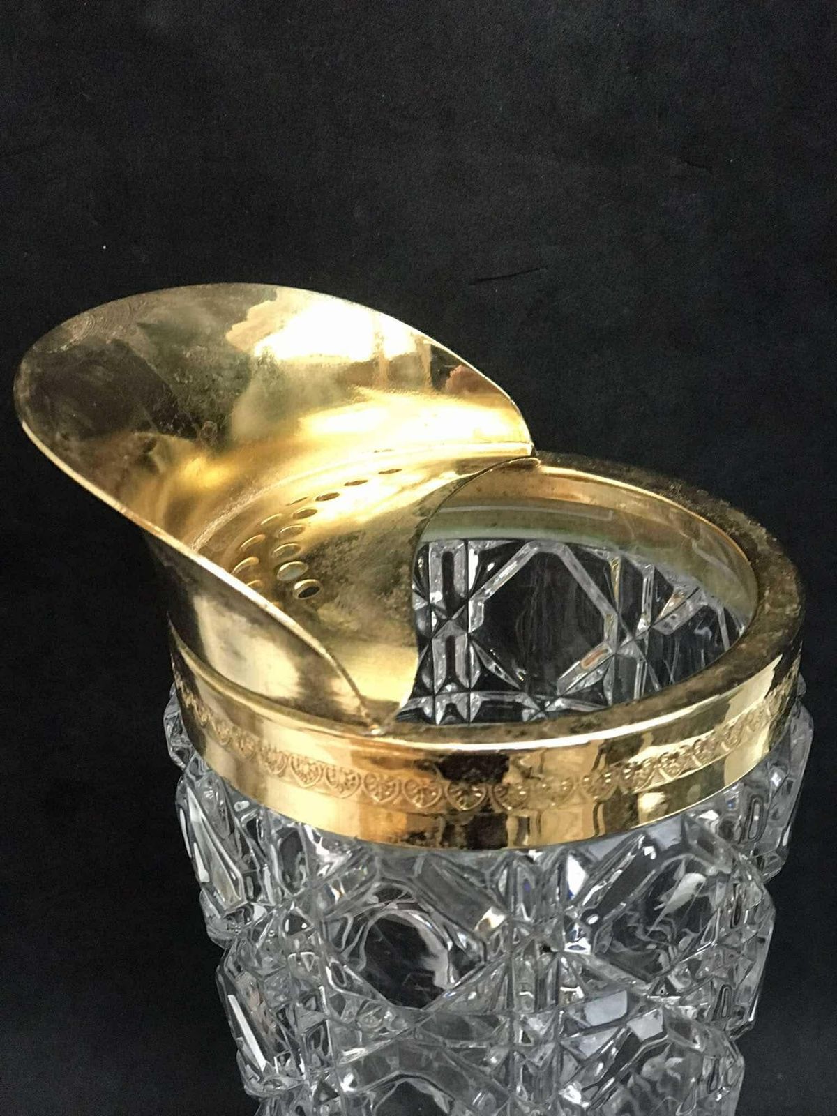 Crystal Pitcher Cocktail Heavy Crystal Golden Rim Mid Century Barware Mixology Tools Bar Cart Hollywood Regency Golden Bar Gift For Him photo vinterior