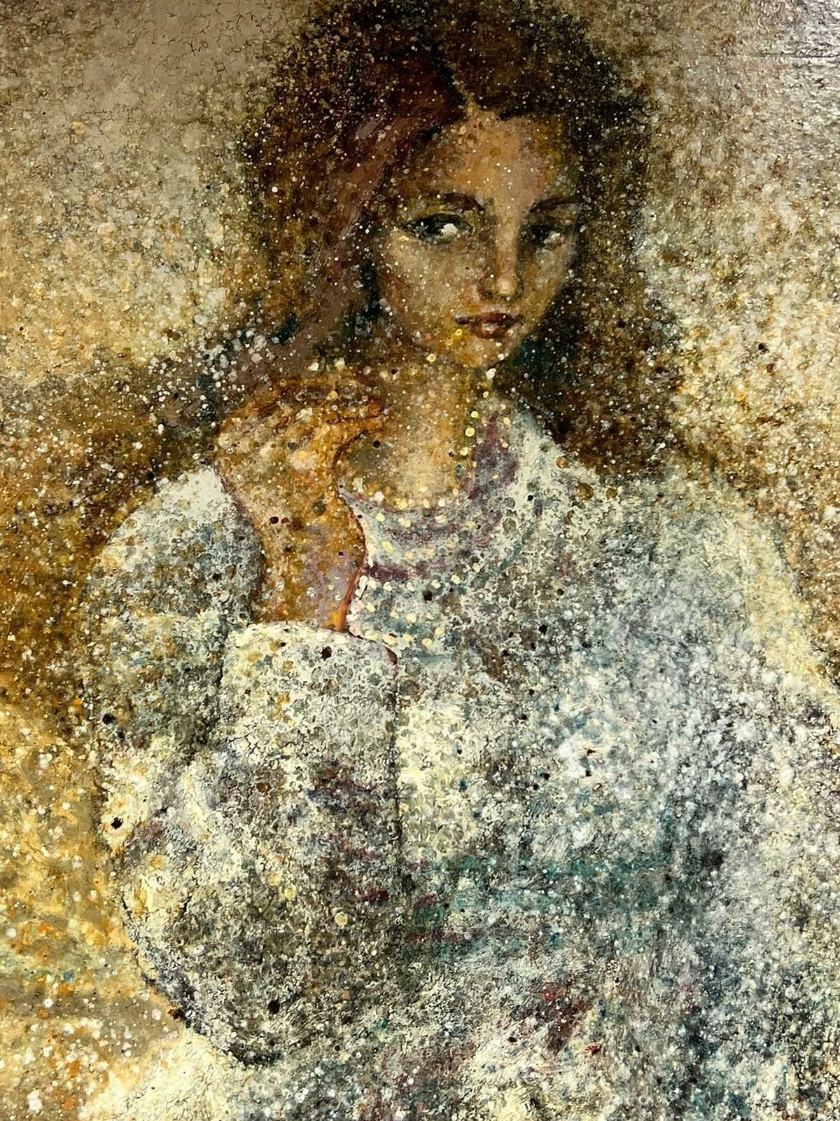 20th Century French Schoolhuge French Modernist Pointillist Signed Painting Girl With Necklace White Dress photo 2754.0