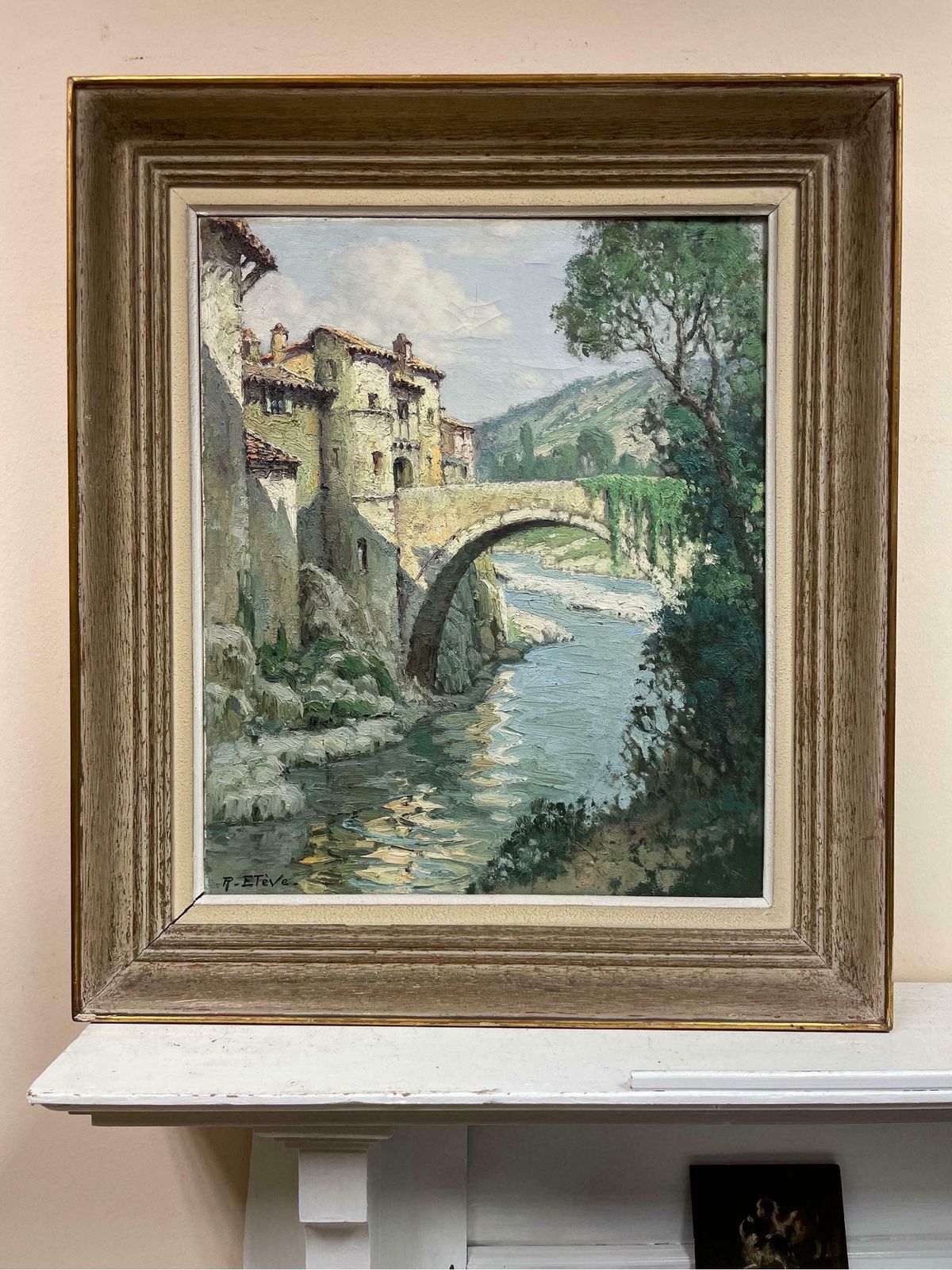 Felix Raoul Etevelarge 1950's French Impressionist Signed Old Bridge Over River Landscape1950's photo furniture