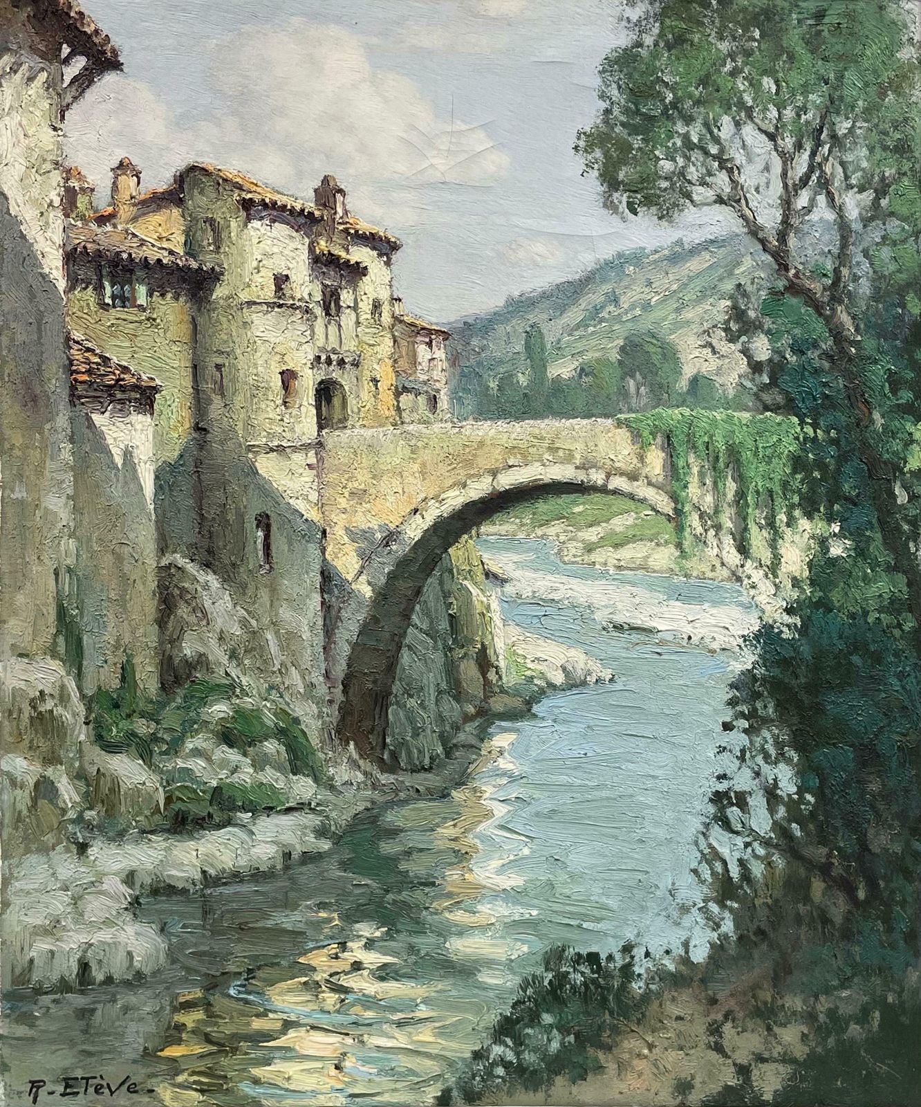 Felix Raoul Etevelarge 1950's French Impressionist Signed Old Bridge Over River Landscape1950's photo for sale
