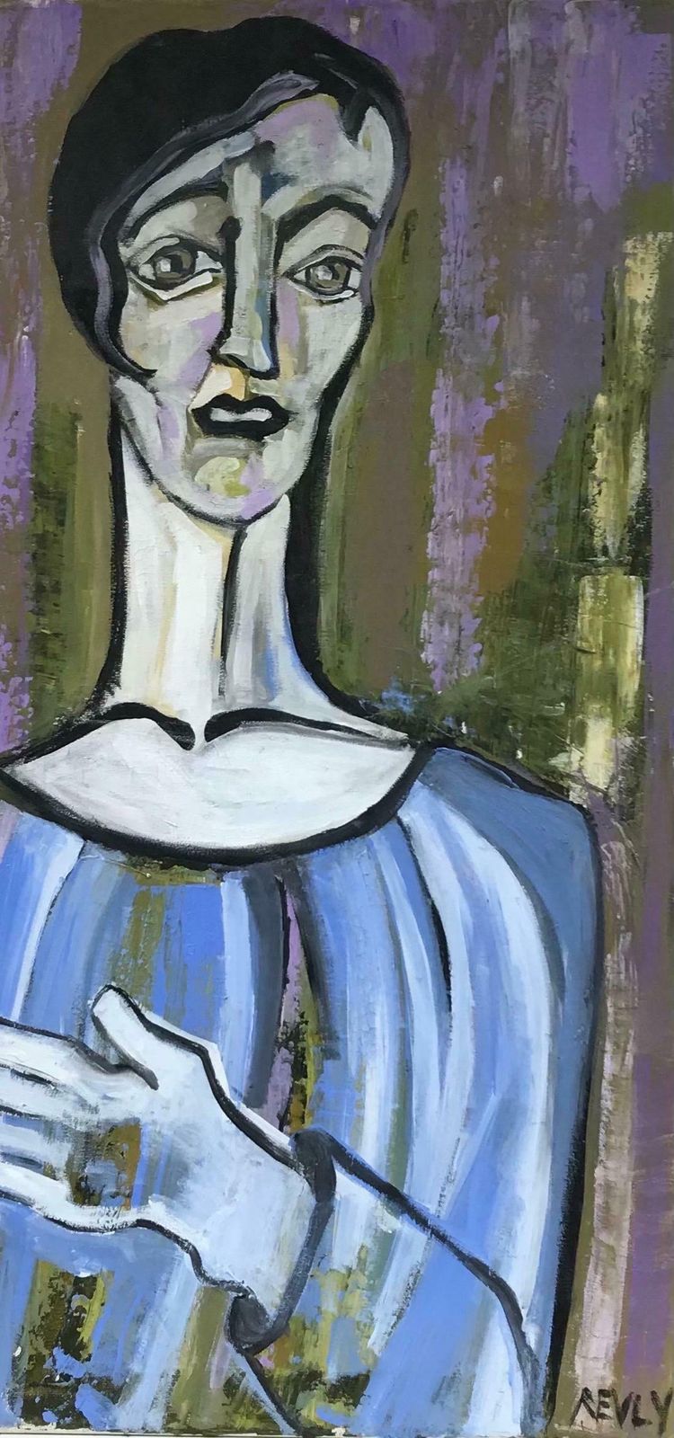 French Schoolabstract Contemporary French Oil Painting   Portrait Of A Figure In Blue, Signed