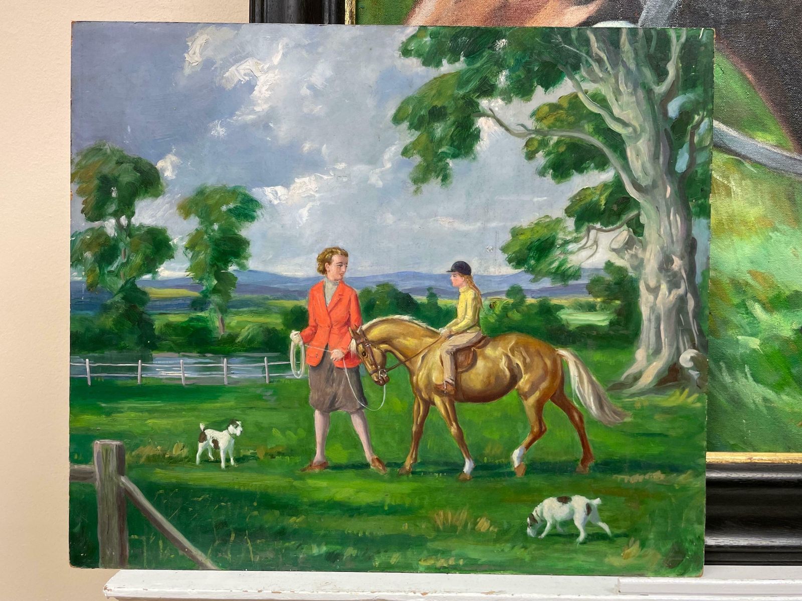 English Sporting Art1950's English Oil Mother & Daughter Horse Riding Lesson & Two Jack Russel Dogs1950's photo furniture