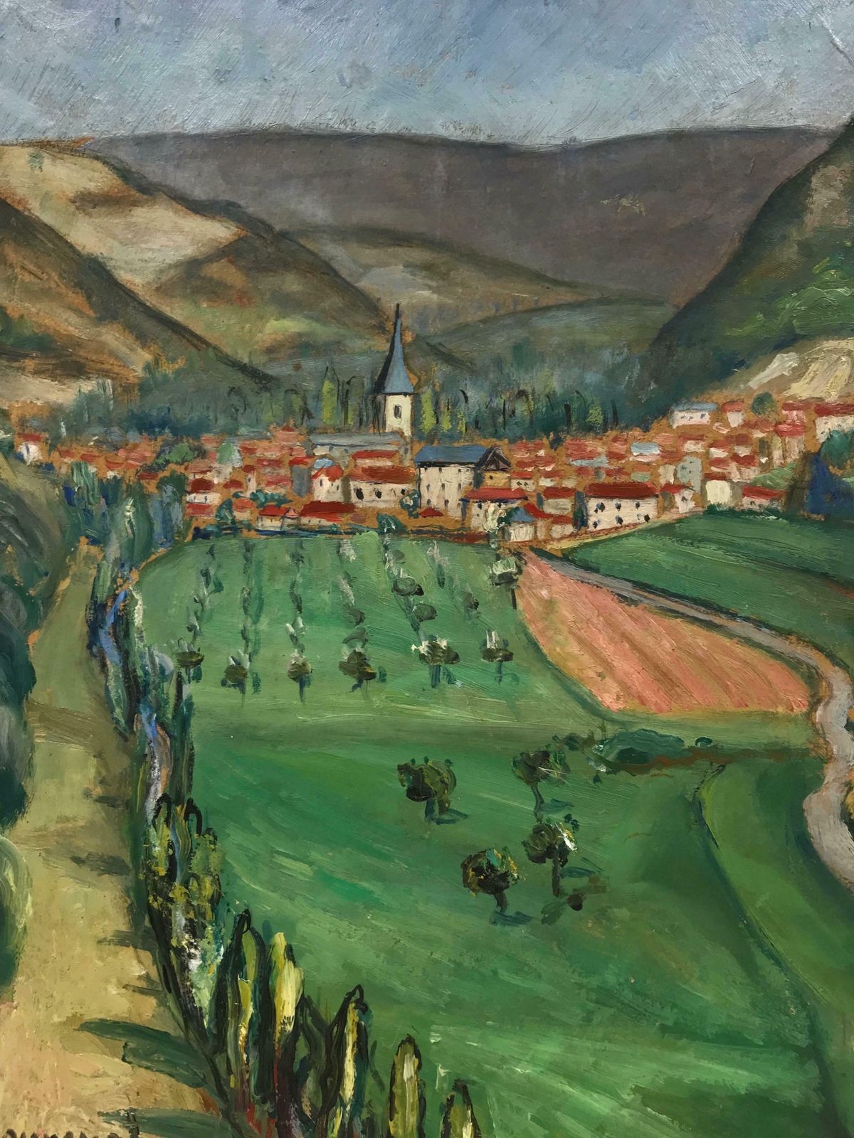 French Mid 20th1950's French Village Houses In Lush Green Valley Landscape, Signed Oil Paintingc. 1950's photo Art
