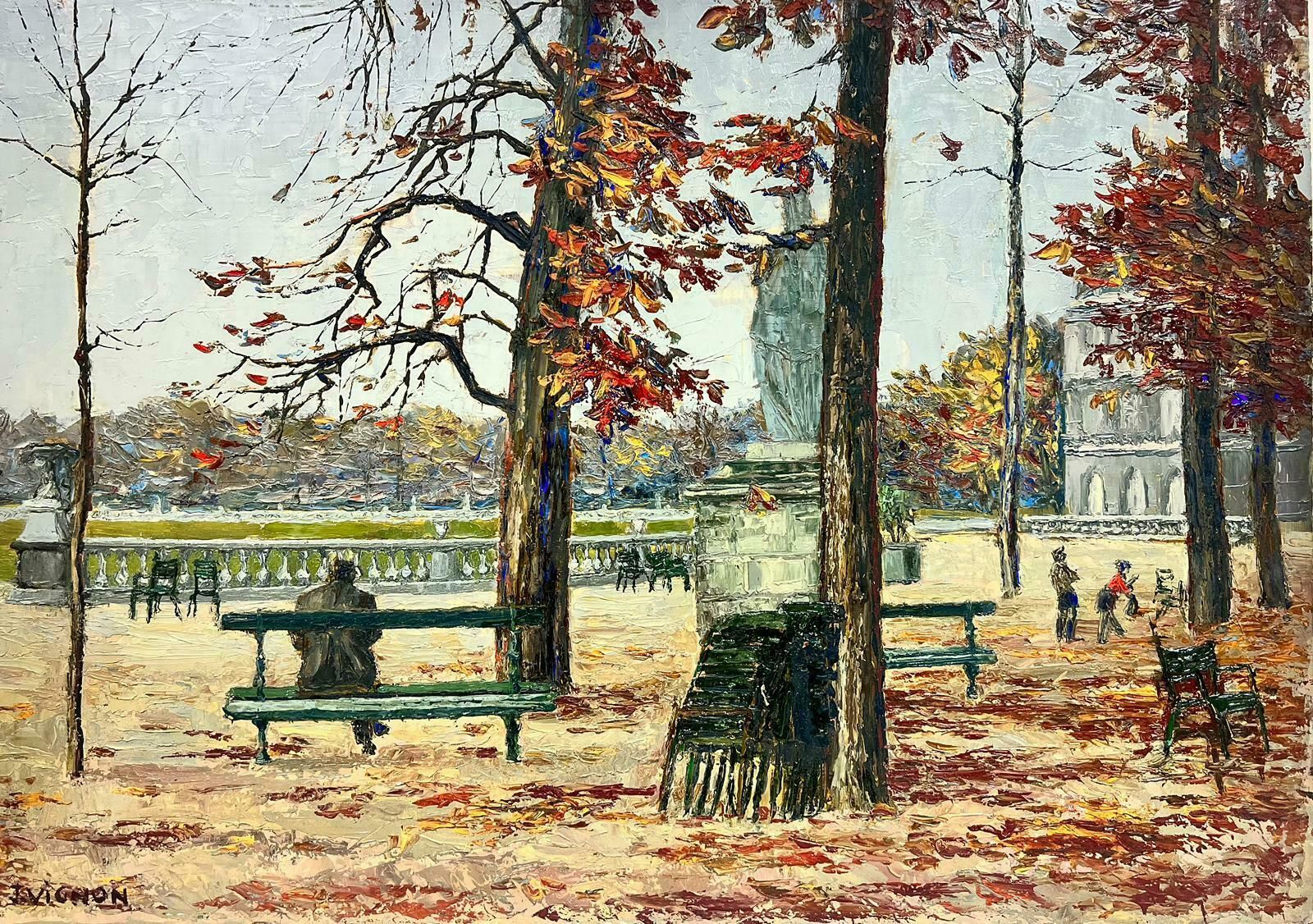 Josine Vignonfigure Sat On In The Autumn Garden Of Luxembourg Thick Oil Impasto Landscape1960's