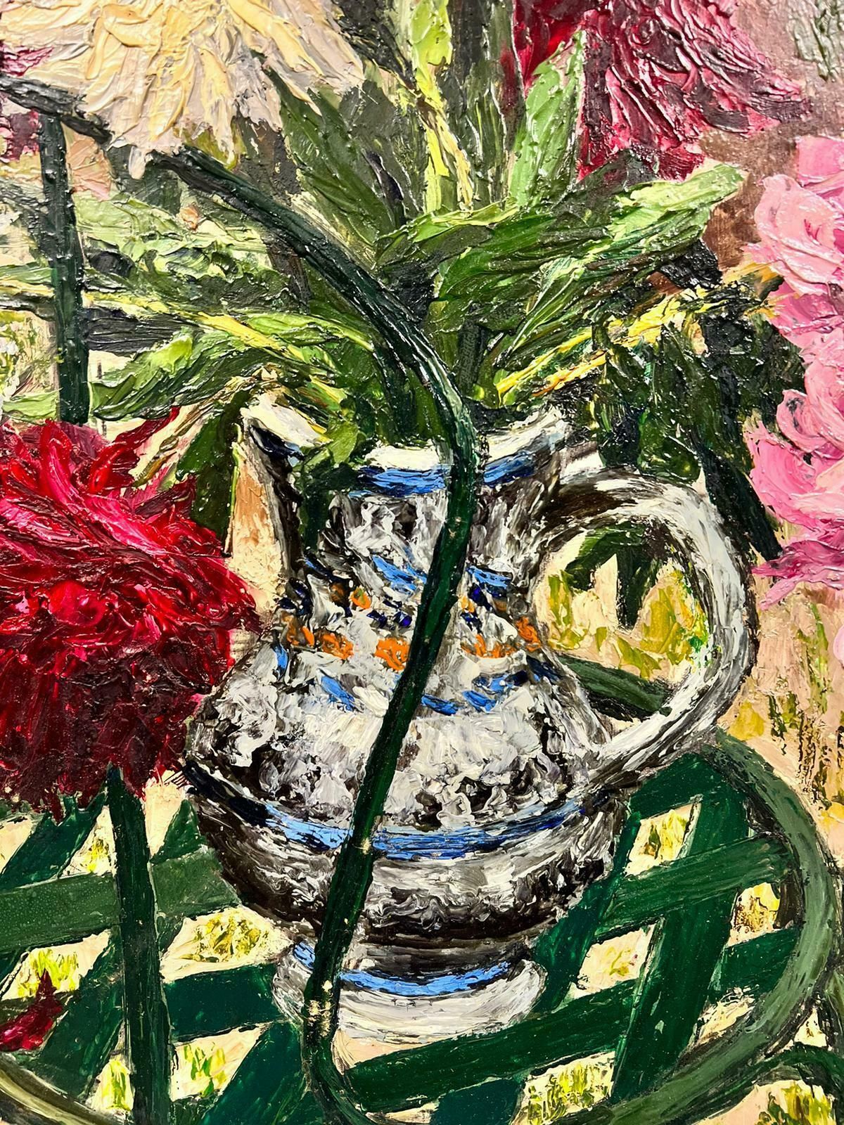 Josine Vignoncolor Bursting Flowers In A Vase Resting On A Green Garden Chair Thick Oil 1960's photo for sale