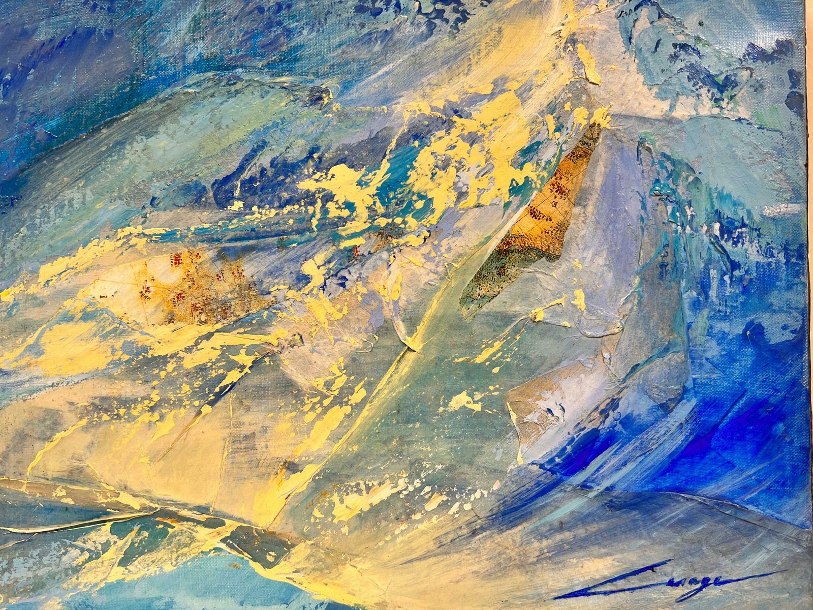 French Schoolfrench Modernist Signed Oil Blue Yellow Abstract Expressionist Painting Canvas1999 photo Art