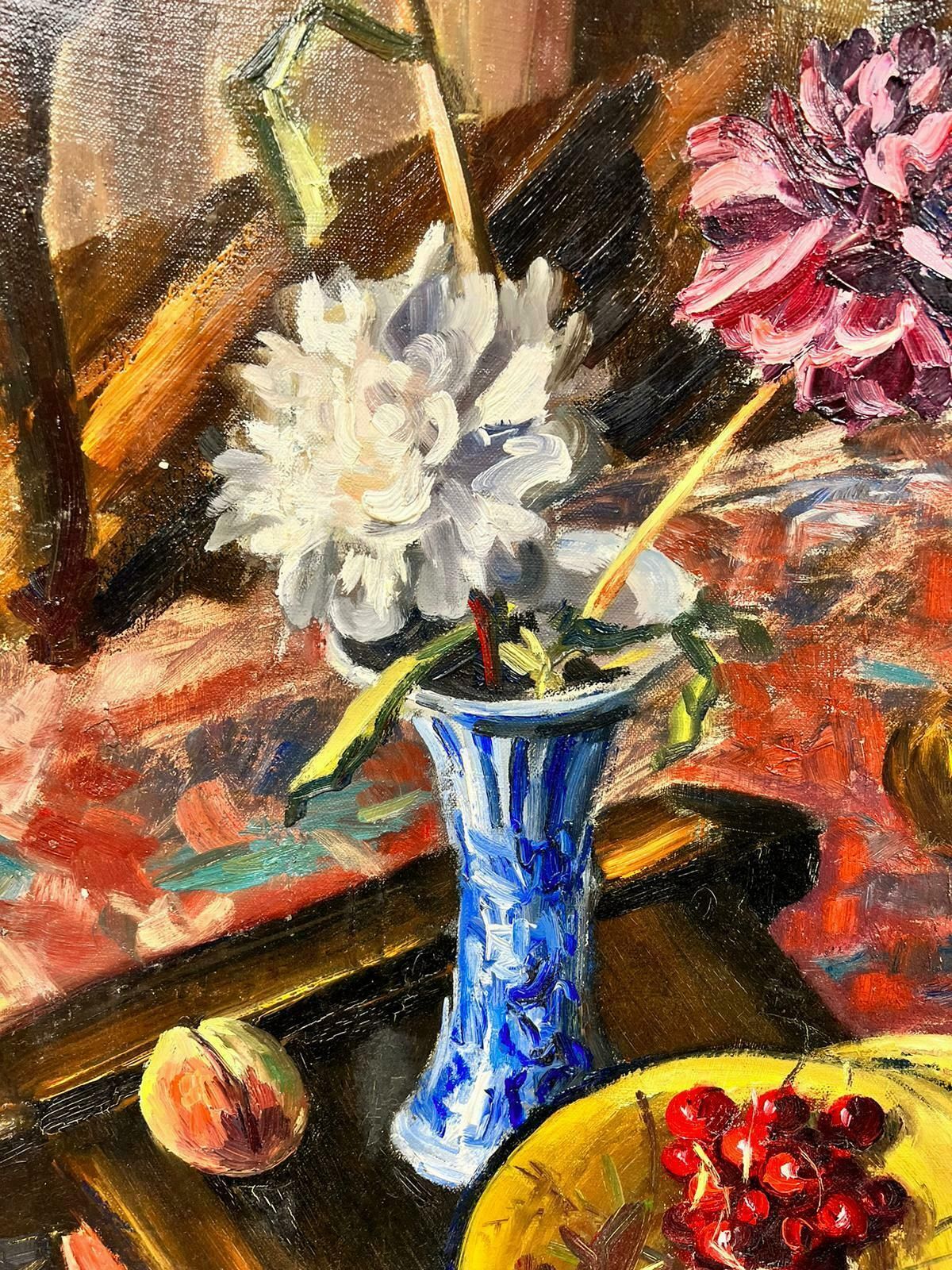 Josine Vignon1960's French Post Impressionist Oil Still Life Pink Roses And Cherries1960's photo Art