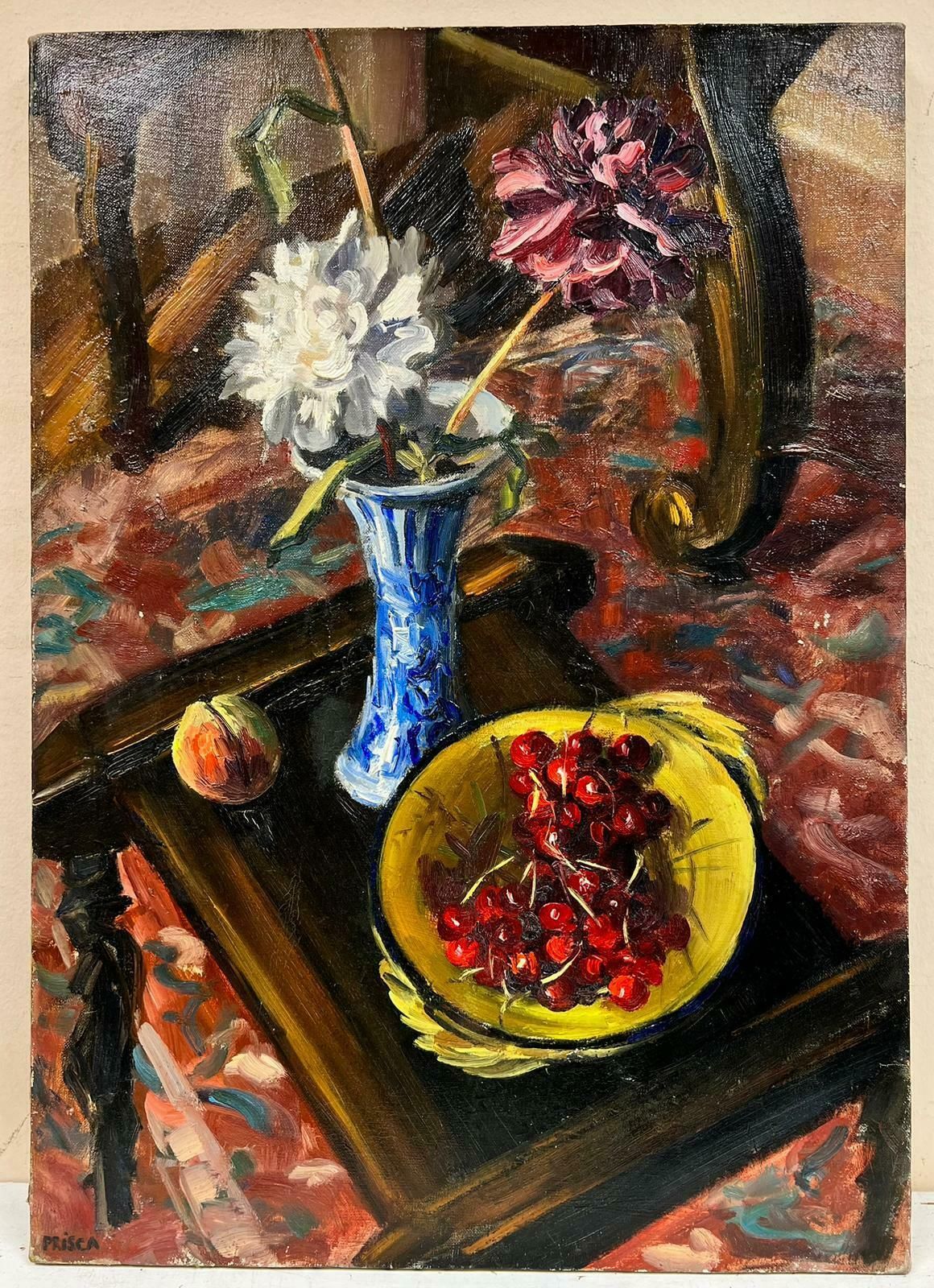 Josine Vignon1960's French Post Impressionist Oil Still Life Pink Roses And Cherries1960's photo vinterior
