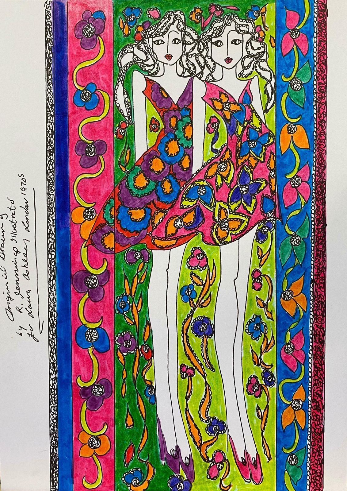 Roz Jenningsoriginal Fashion Design Illustration Watercolor Painting Laura Ashley Designerc. 2000's
