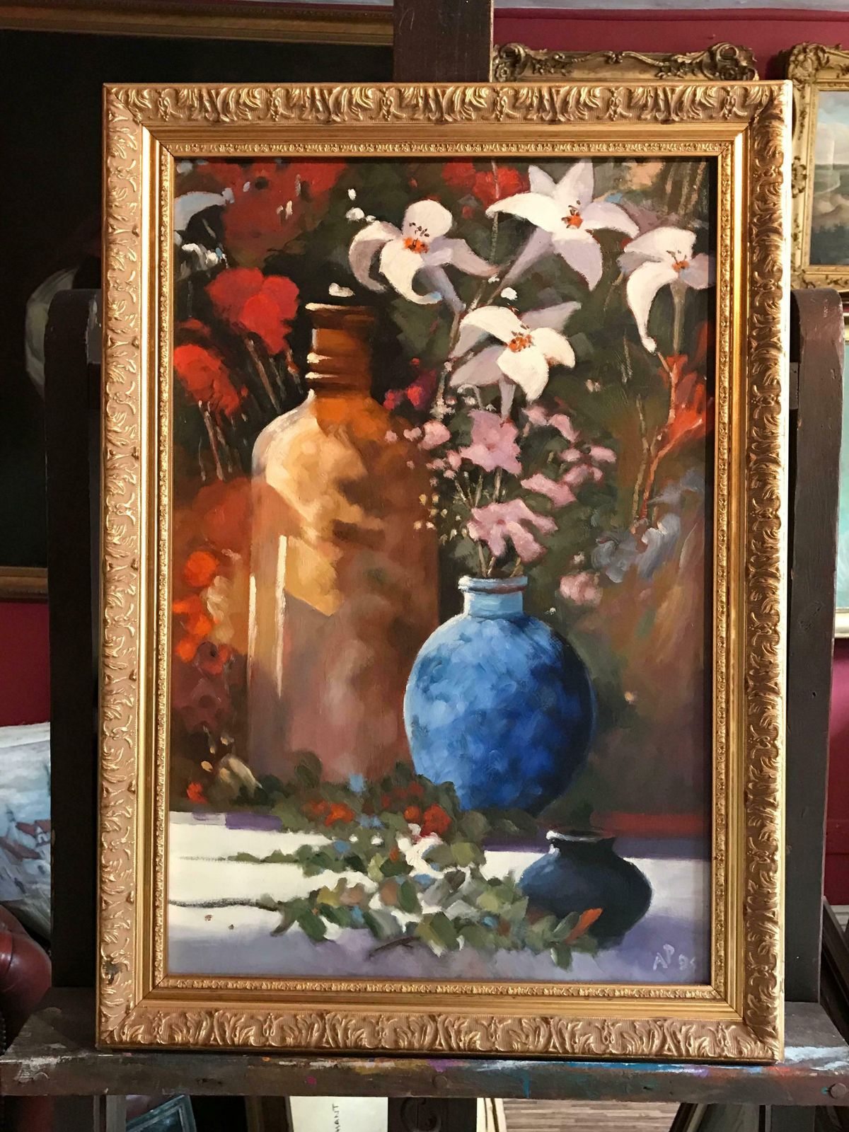 Arthur Passbritish Still Life Lilies And Blue Vase, Signed Oilc. 1995 photo furniture