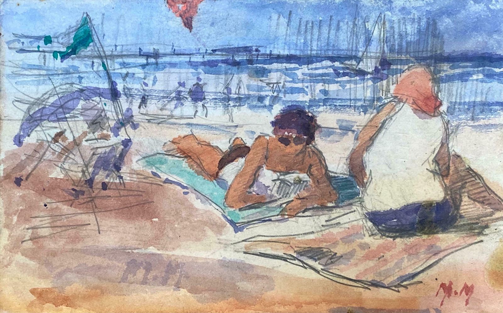 Maurice Mazeiliefrench Impressionist Signed Watercolour   Figures On Bright Beach photo vinterior