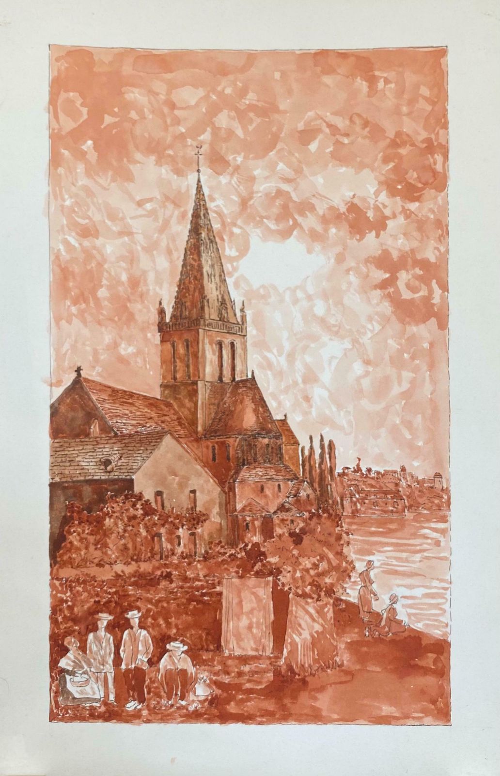 Bernard Labbe1950's French Modernist/ Cubist Painting   Red French Landscape1950's photo furniture