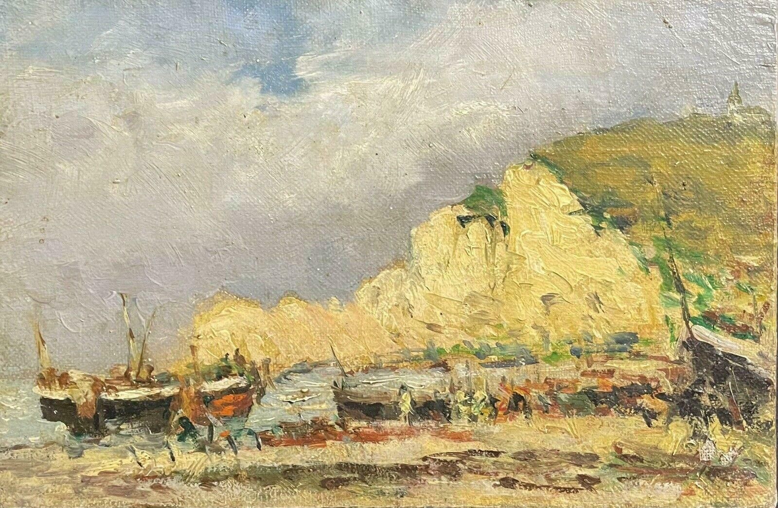 Maurice Mazeiliemaurice Mazeilie French Impressionist Oil   Busy Beach Coastal Fishing Boats