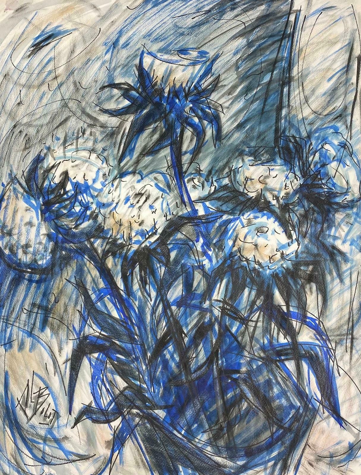 Paul Louis Bolot (French 1918 2003)french Painting Of Flowers Beside Windowsill In A Blue Gloomy Scene 20th Century (1973)