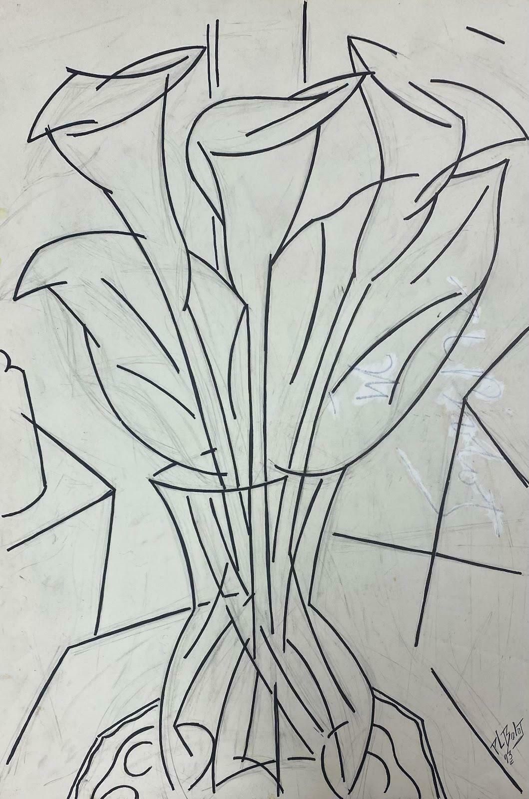 Paul Louis Bolot (French 1918 2003)French Modernist Goulash Painting Black And White Drawing Flowers In Vase 20th Century (1993)