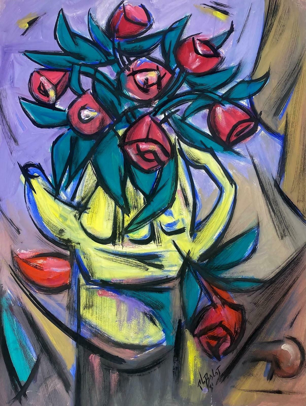 Paul Louis Bolot (French 1918 2003)french Modernist Gouache Painting Of Red Tulips In A Yellow Watering Can 20th Century (1981) photo furniture