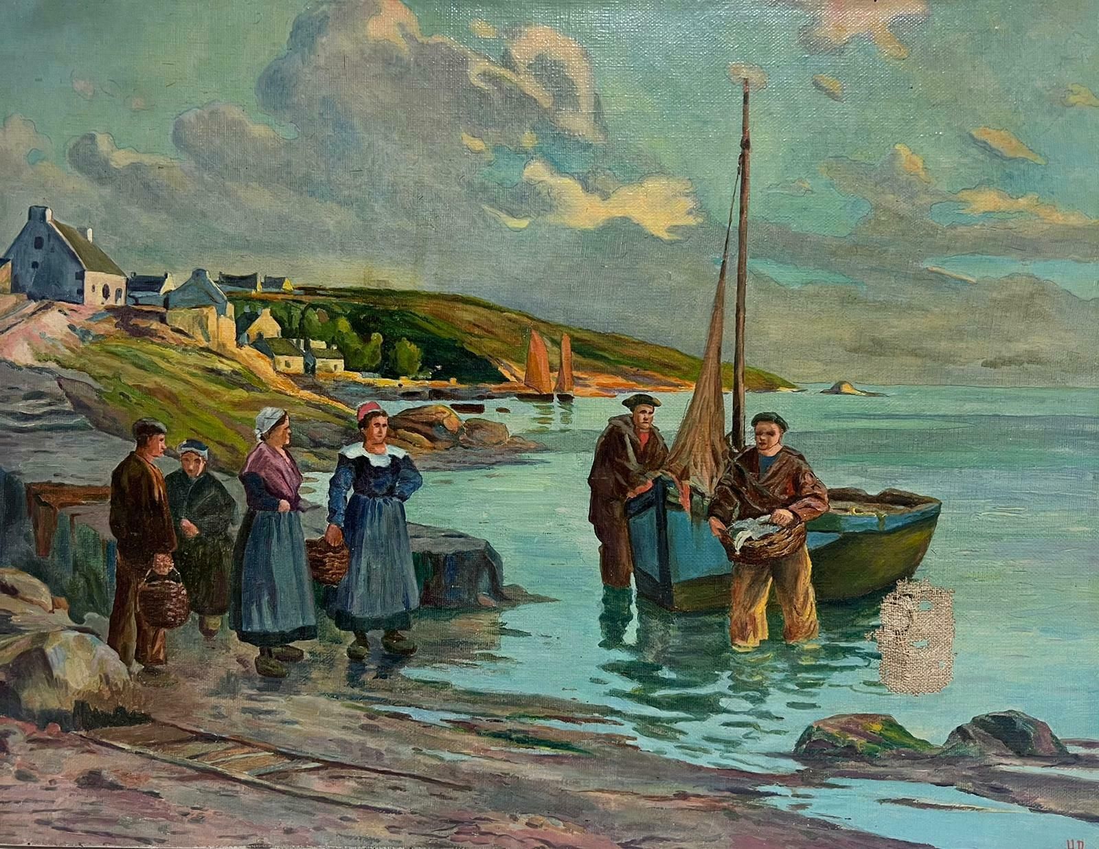 French Schoolantique Breton Fishing Scene French Oil Painting On Canvas Fishermen & Women