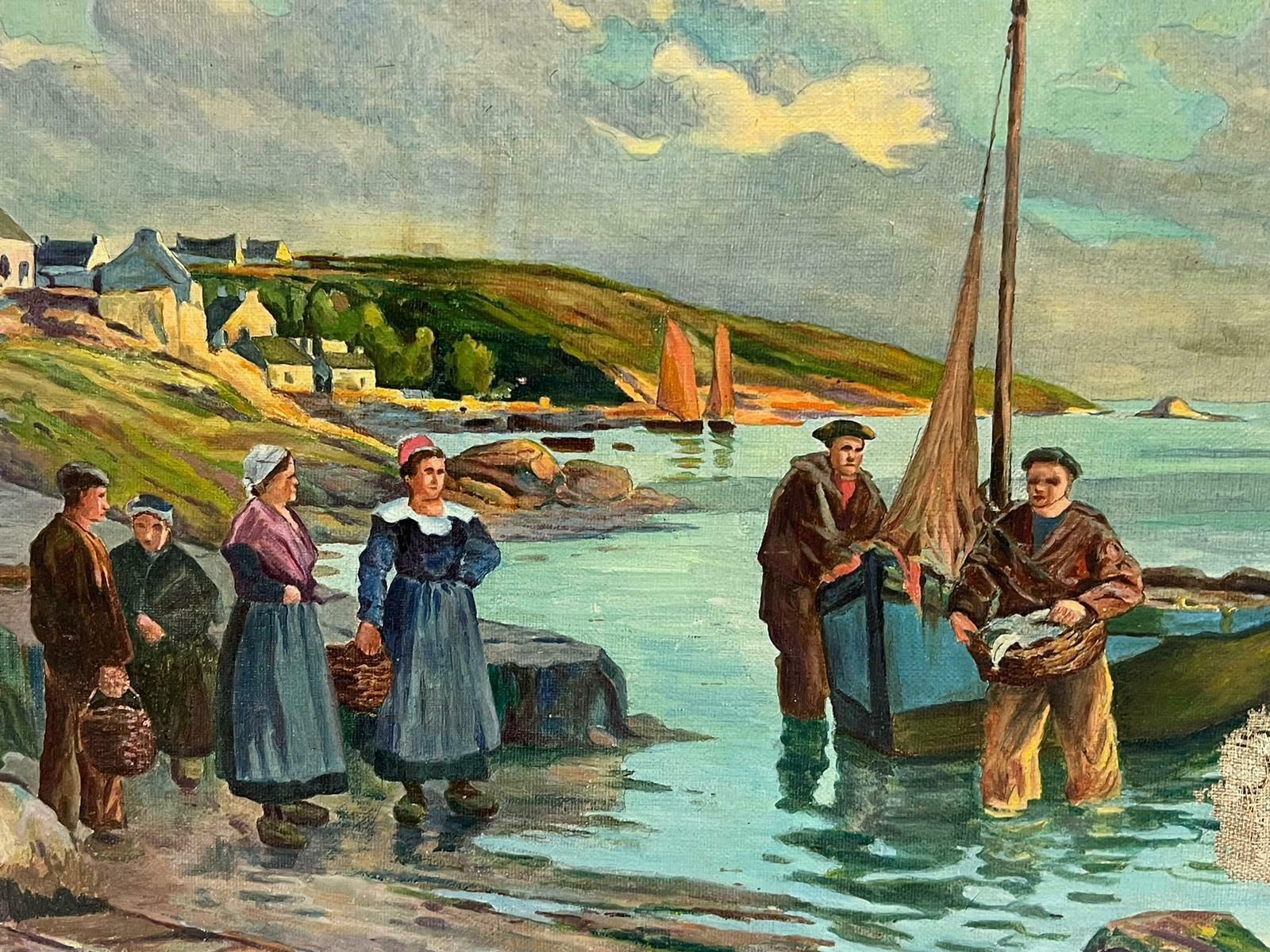 French Schoolantique Breton Fishing Scene French Oil Painting On Canvas Fishermen & Women photo furniture