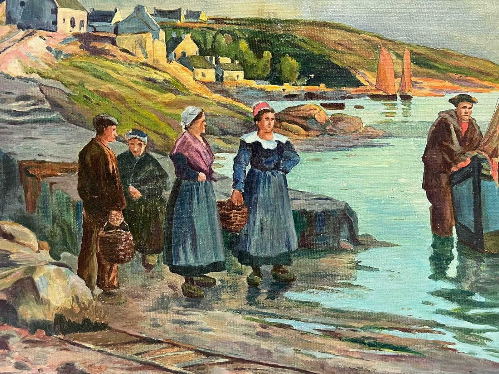 French Schoolantique Breton Fishing Scene French Oil Painting On Canvas Fishermen & Women photo Art