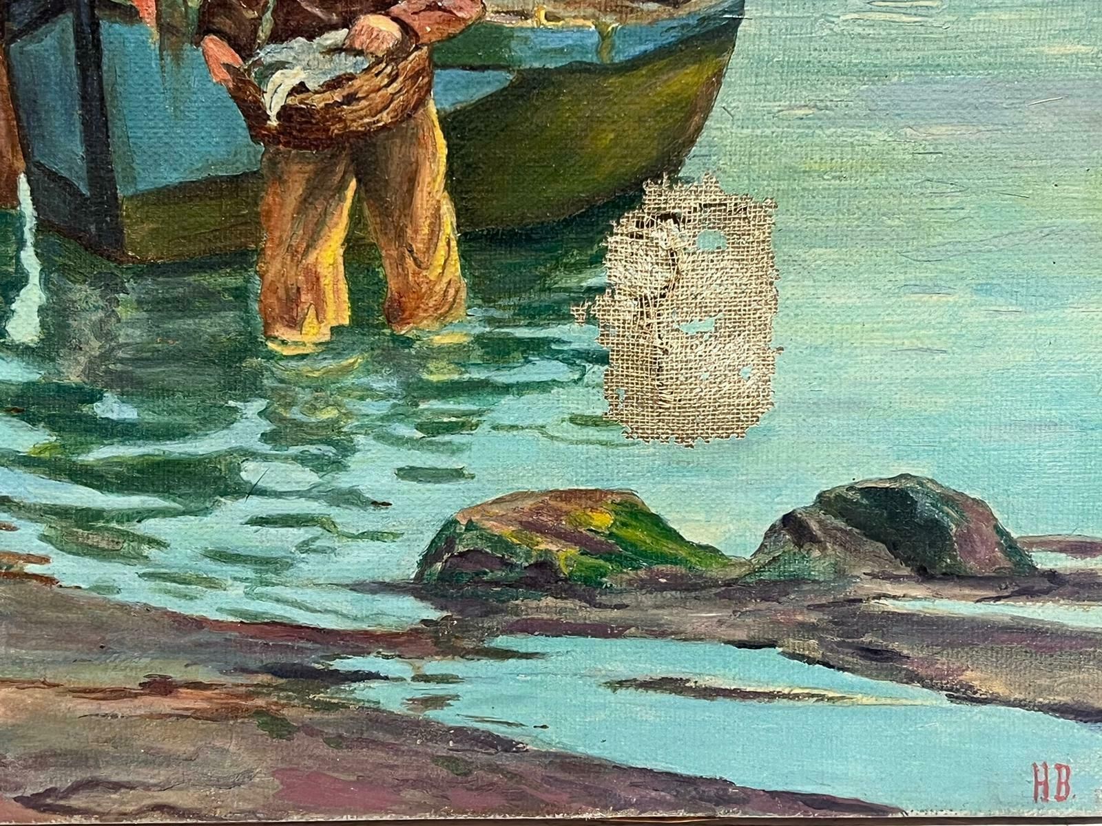 French Schoolantique Breton Fishing Scene French Oil Painting On Canvas Fishermen & Women photo vinterior