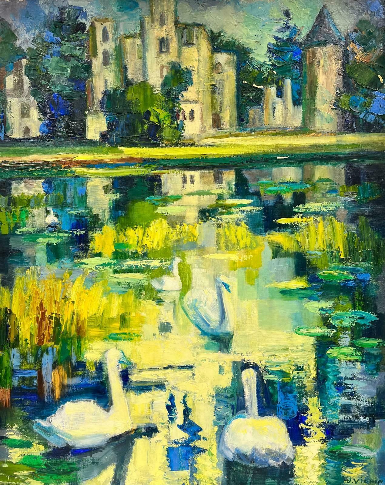 Josine Vignon20th Century French Post Impressionist Oil Swans On Lily Pond Chateau Lake1960's