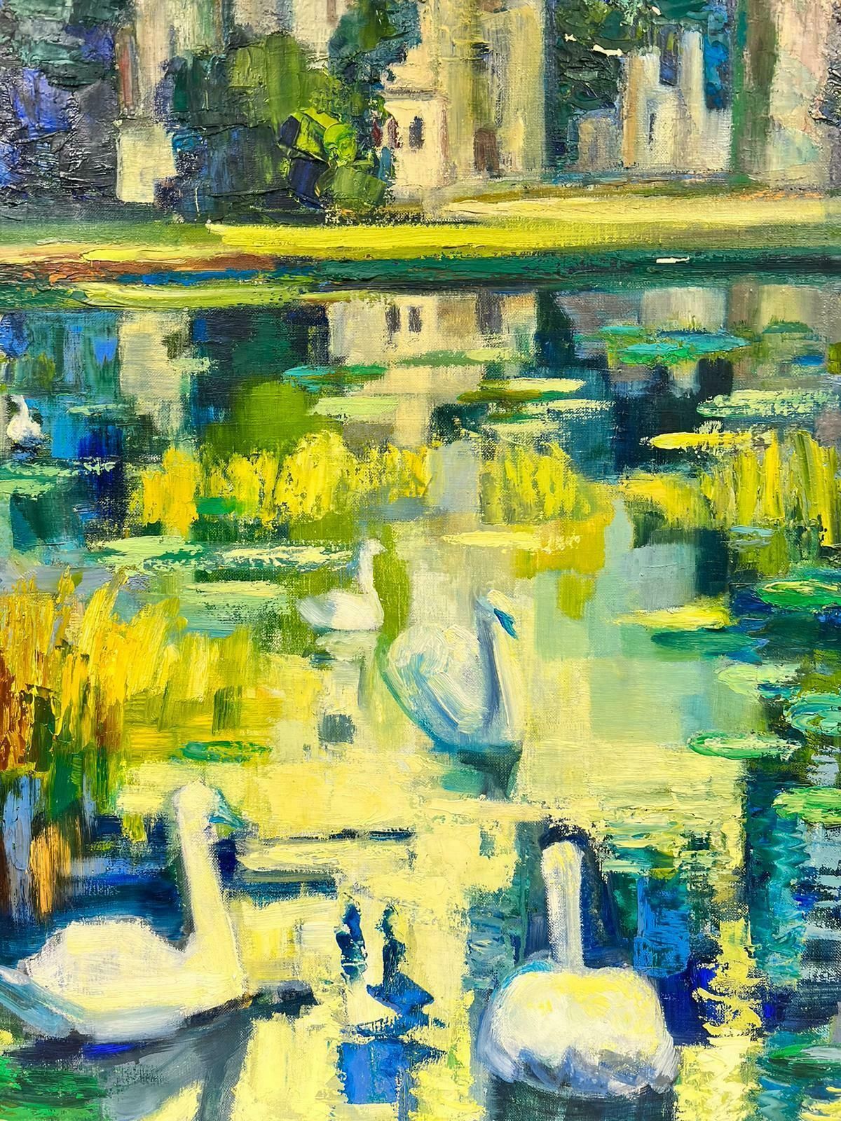 Josine Vignon20th Century French Post Impressionist Oil Swans On Lily Pond Chateau Lake1960's photo vinterior