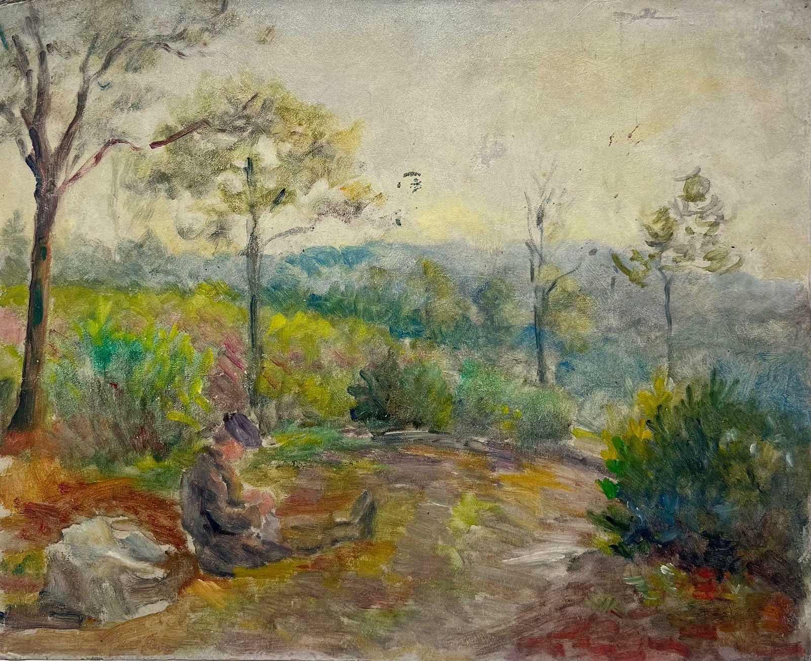 Regine David1950's French Post Impressionist Oil Traveller Pausing For Rest Provence Pathway1950's