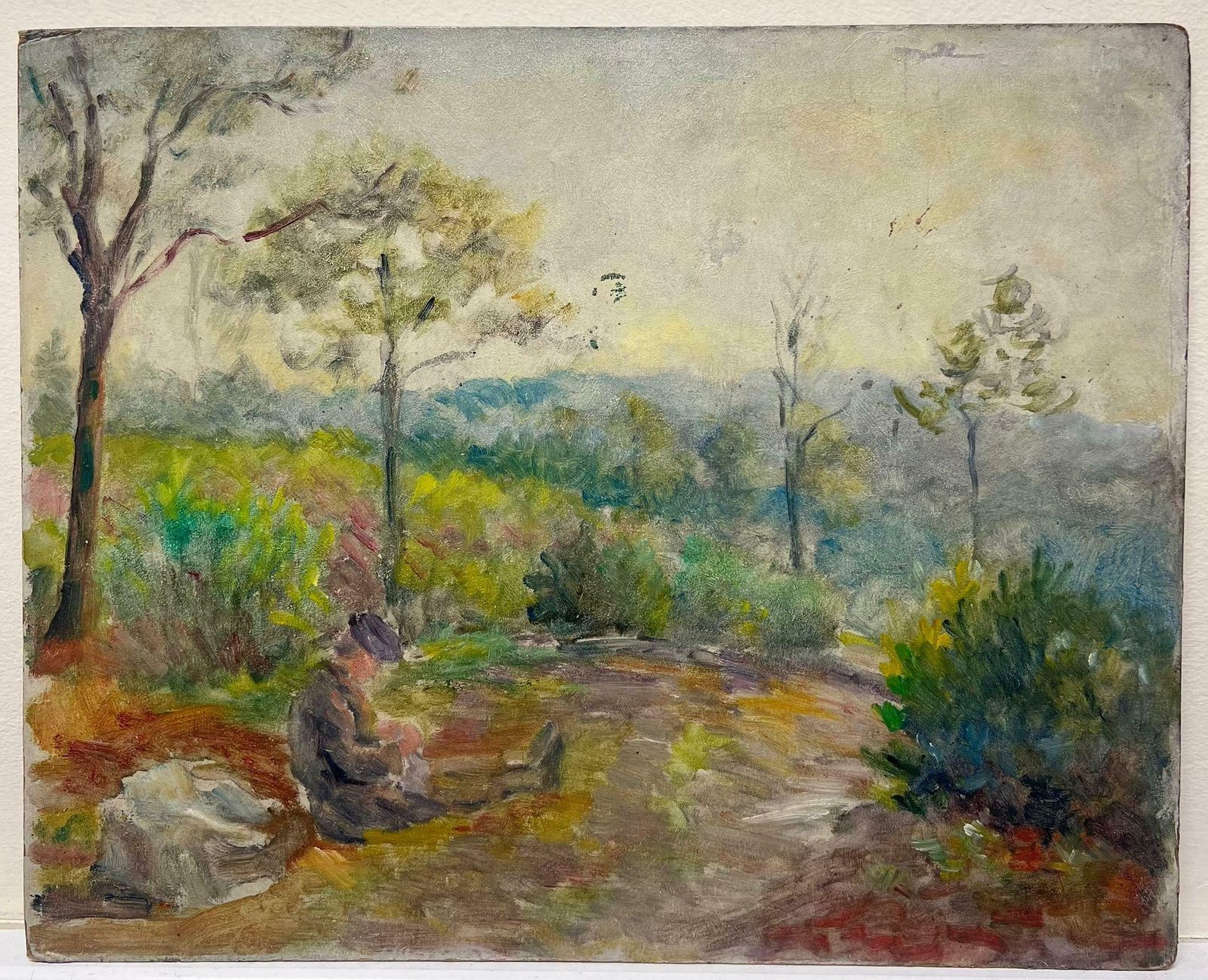 Regine David1950's French Post Impressionist Oil Traveller Pausing For Rest Provence Pathway1950's photo furniture