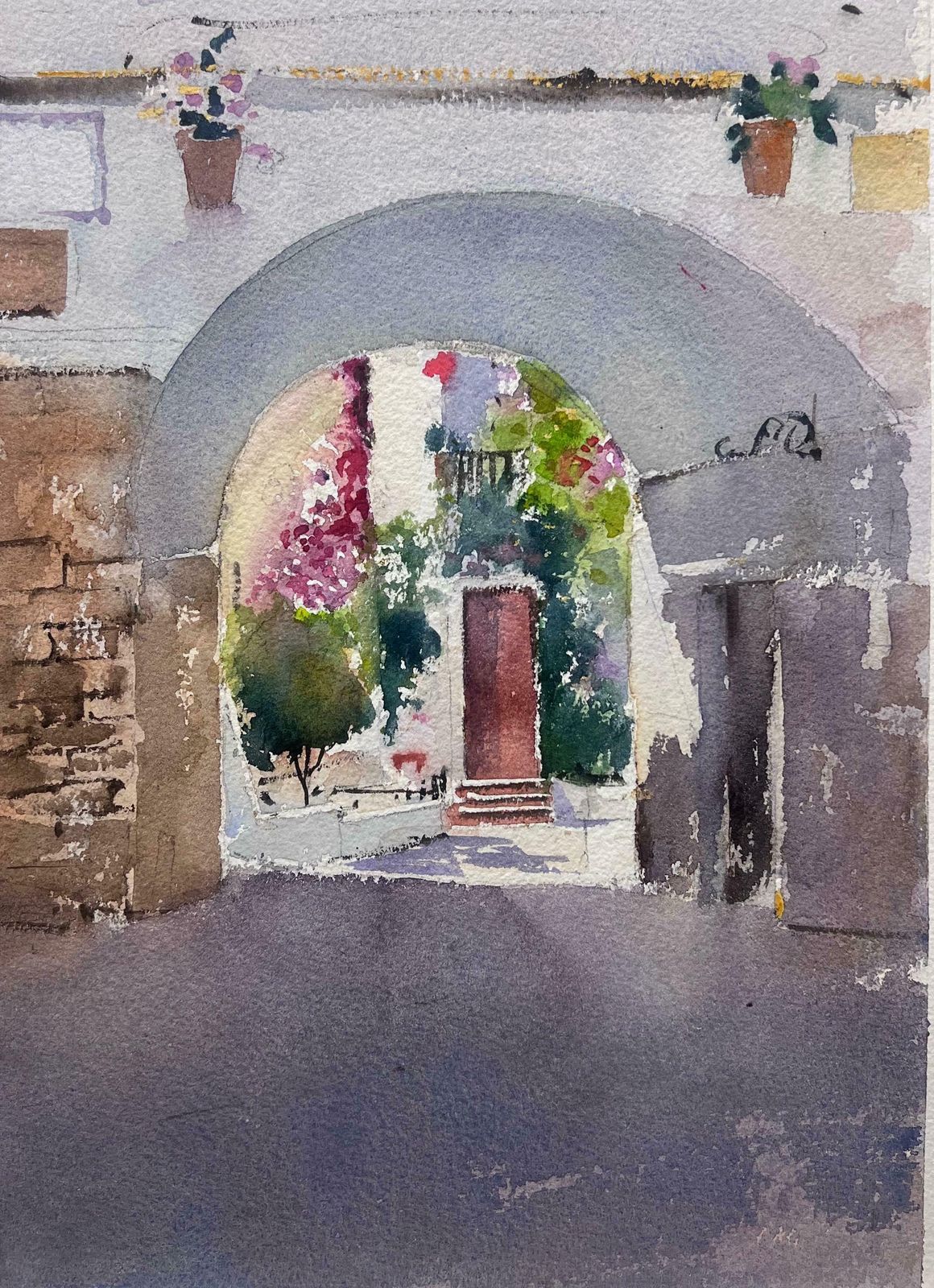 Anthony Averybritish Original Impressionist Watercolor Old European Village Street Archway