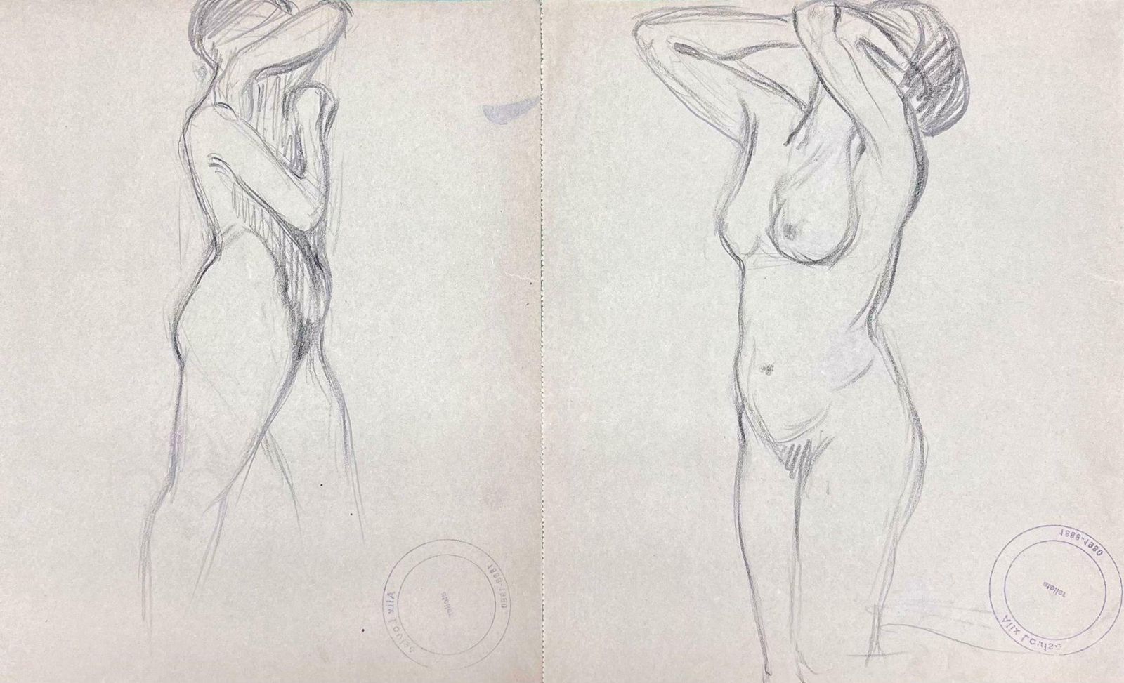 Louise Alixfrench Impressionist Set Of Two Nude Female Figures Pencil Sketch1930's photo Art