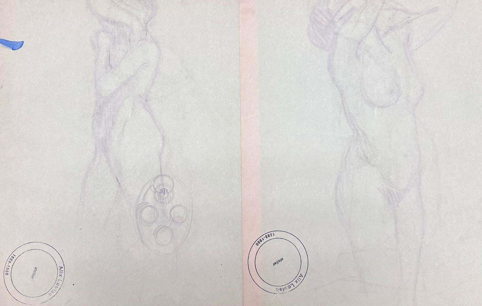Louise Alixfrench Impressionist Set Of Two Nude Female Figures Pencil Sketch1930's photo 607.0