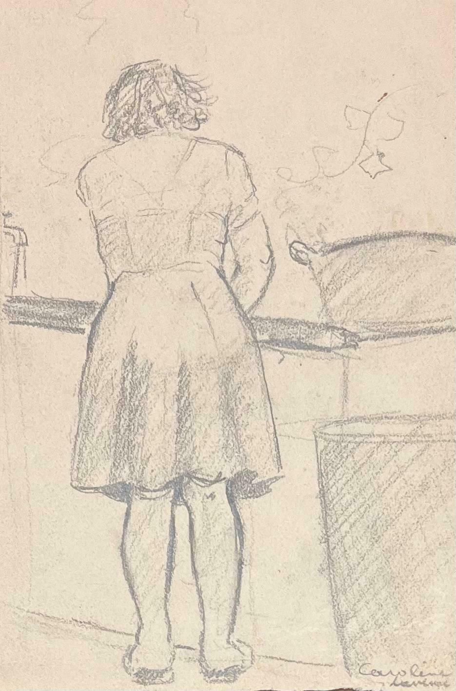 Josine Vignonmid Century French Pencil Drawings Of A Woman Cooking In A Kitchen1950's photo Art