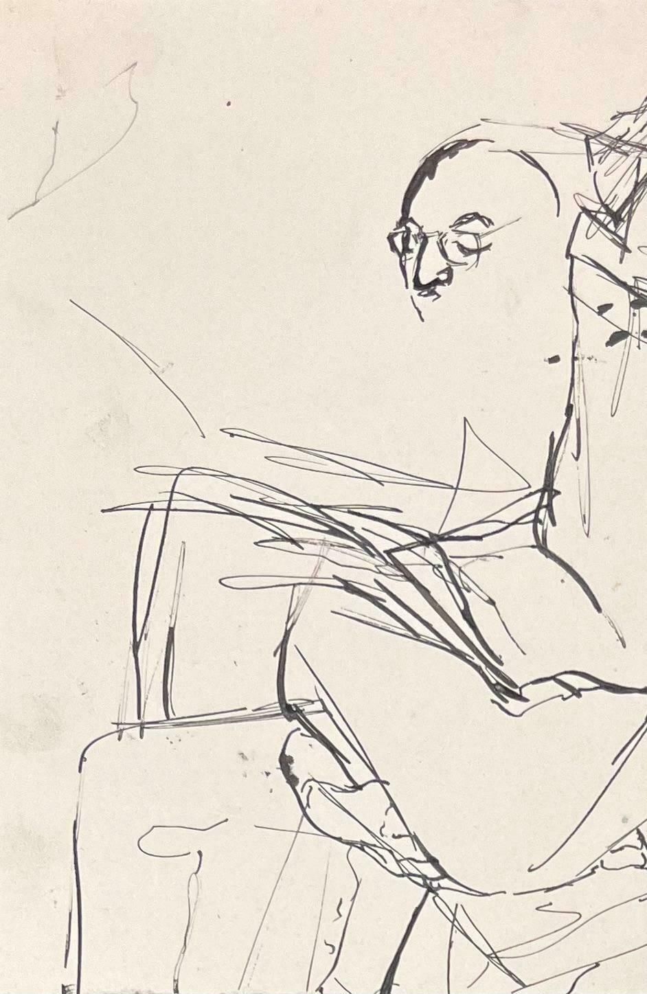 Josine Vignonmid Century French Abstract Sketch Of A Seated Figure With Glasses 1950's photo Art