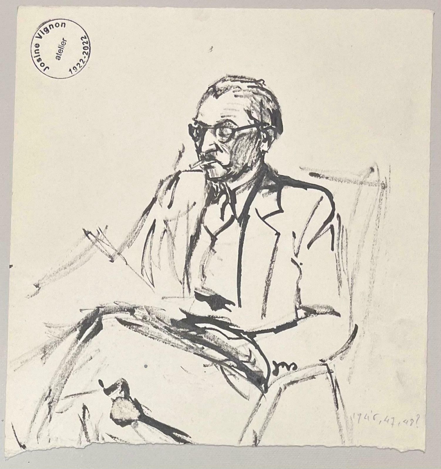 Josine Vignonmid Century French Abstract Sketch Of A Seated Figure With Glasses 1950's photo 408.0