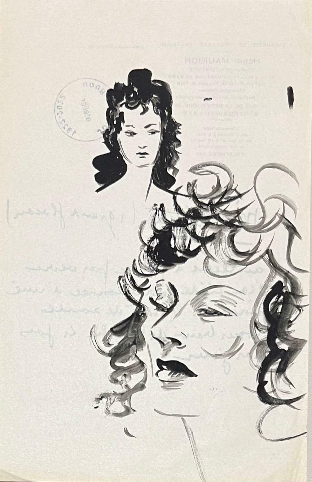 Josine Vignonmid Century French Expressive Ink Studies Of Study Of Female Faces1950's