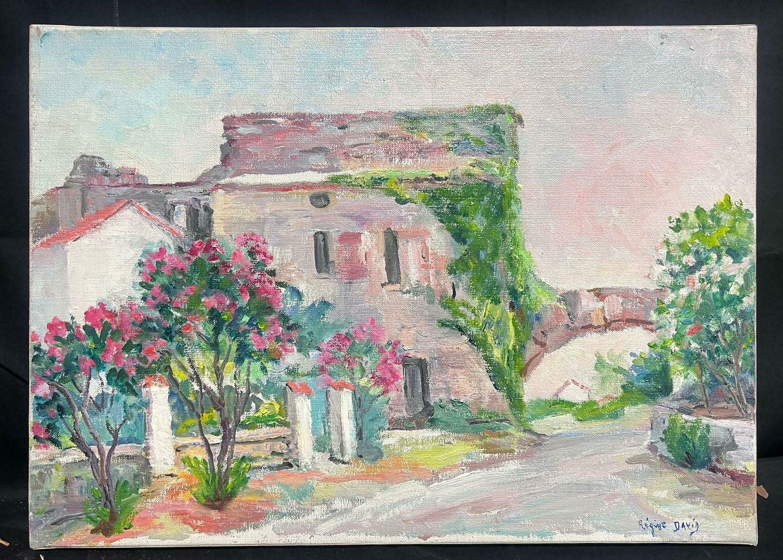 Regine David1950's French Post Impressionist Signed Oil Old Provencal French Village Garden1950's photo furniture